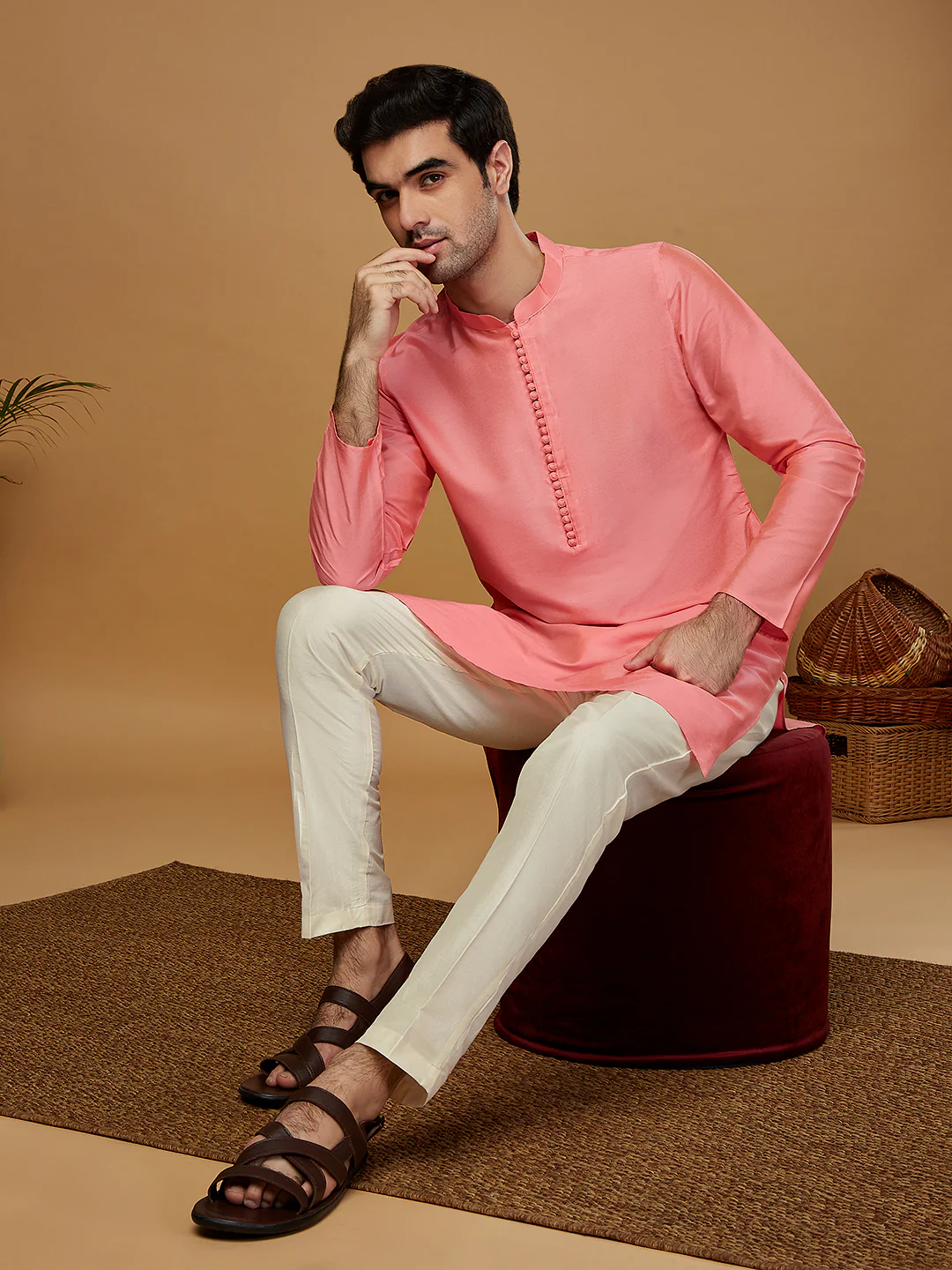 Pink Silk Blend Solid Kurta with Cream Trouser - Image 8