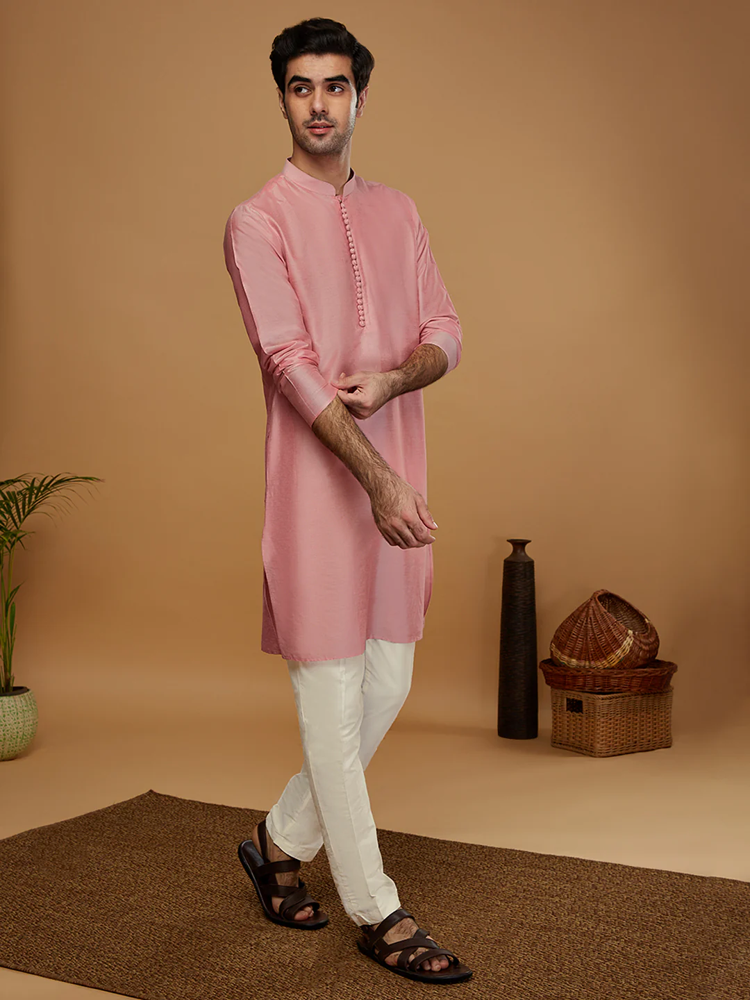 Pink Silk Blend Kurta Set with White Trouser â€“ Elegant Festive & Wedding Outfit - Image 2