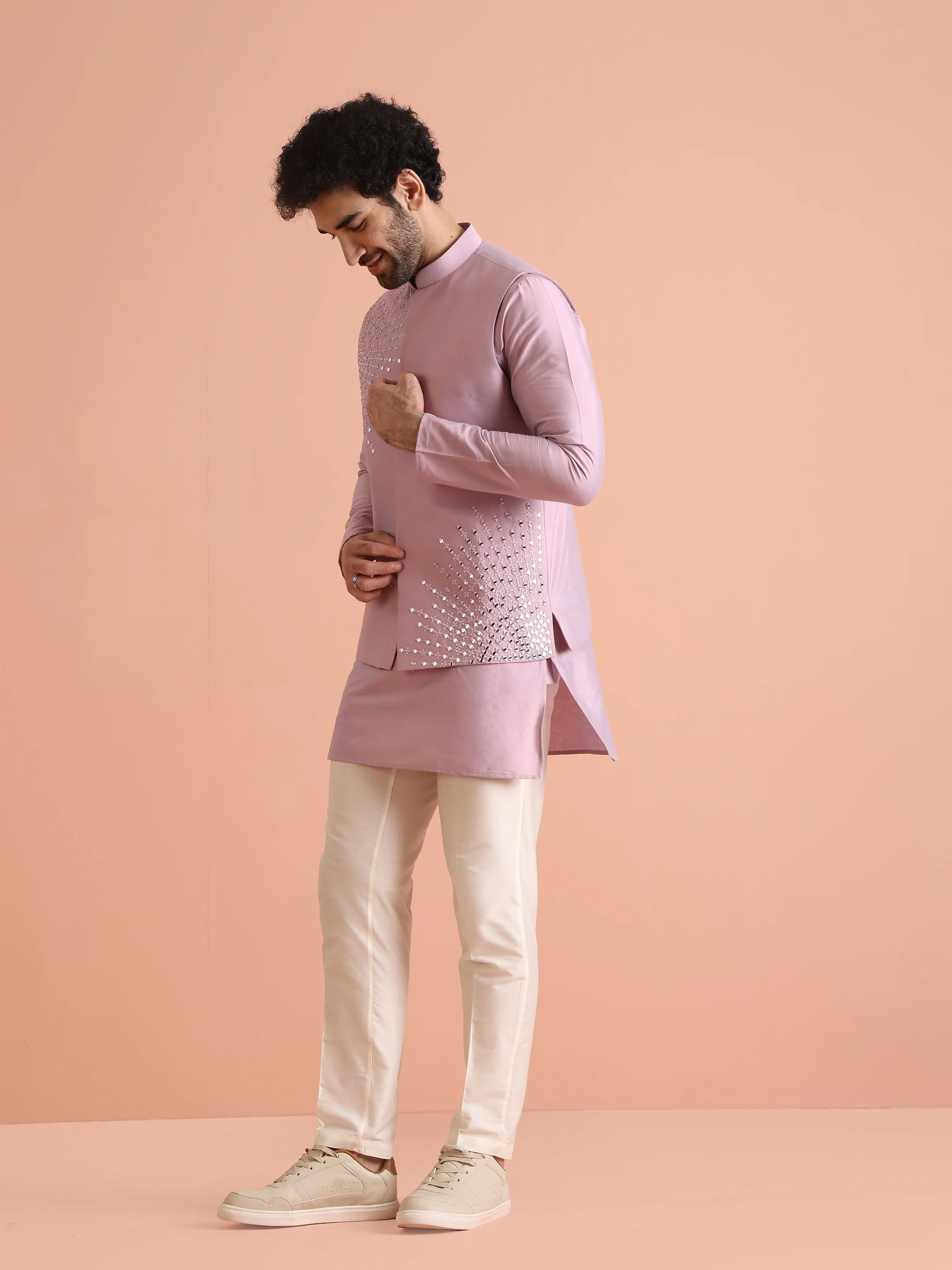 Pink Mirror Work Nehru Jacket - Image 2