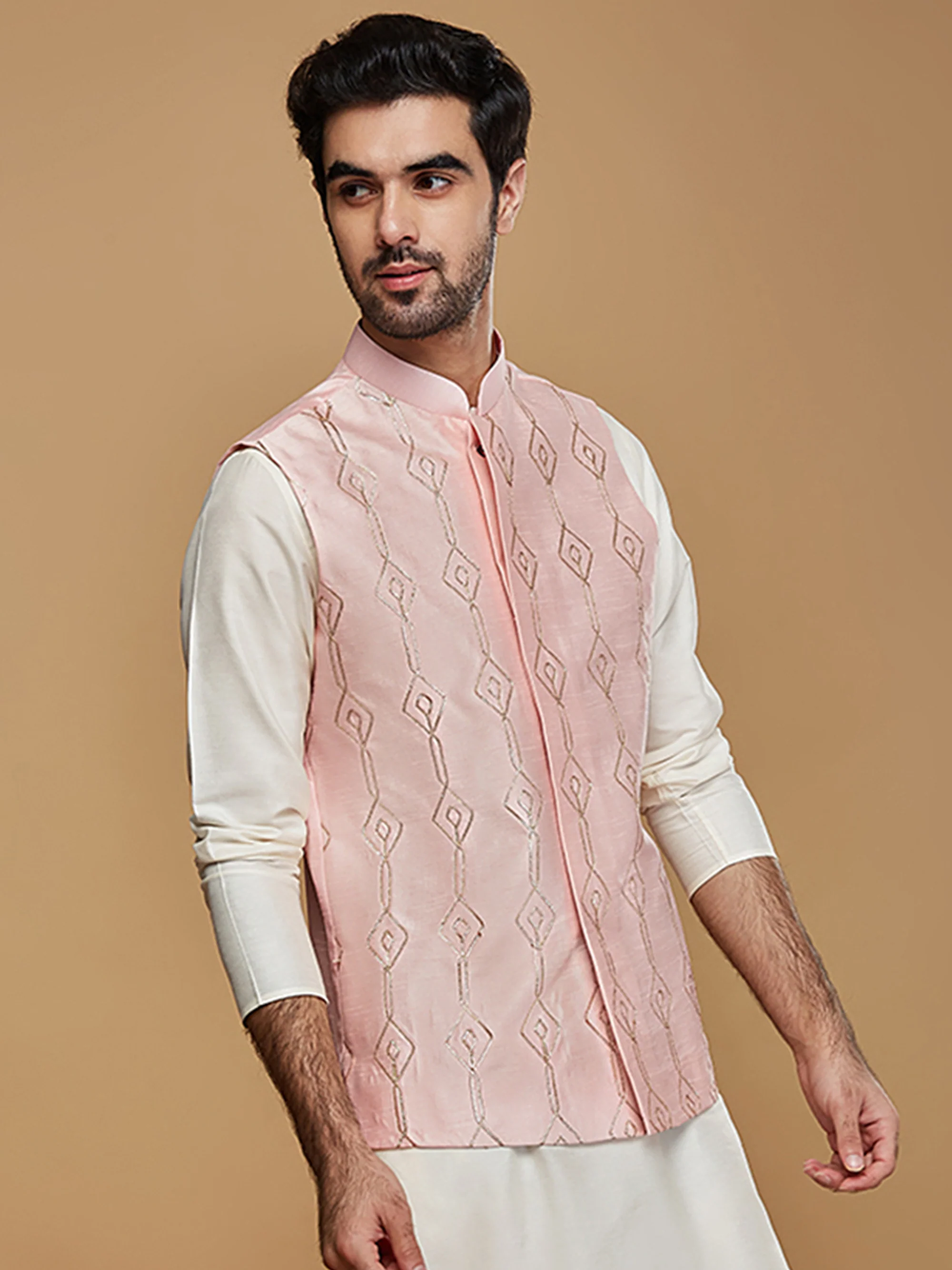 Pastel Pink Thread Embroidered Nehru Jacket - Image 2
