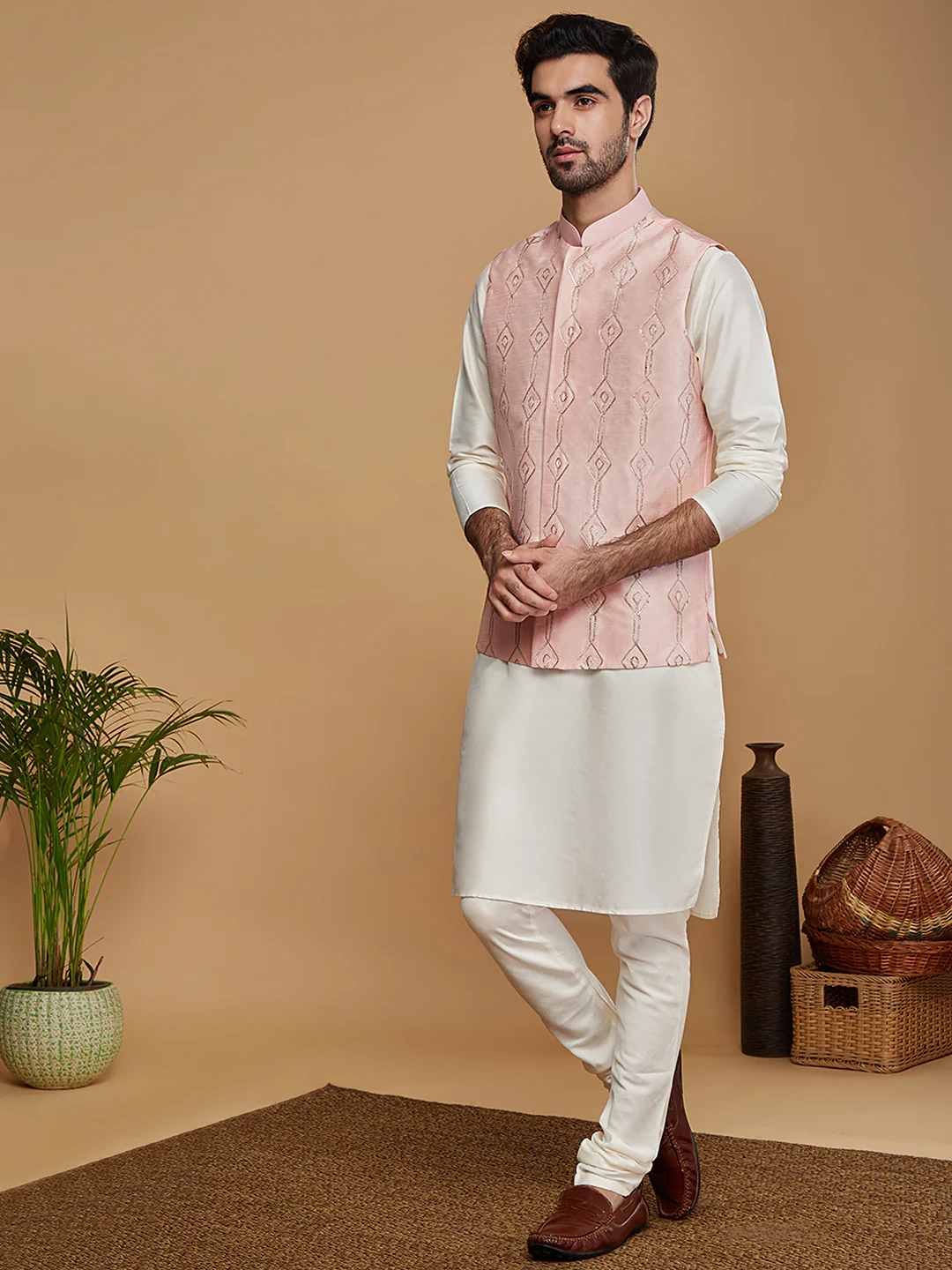 Pastel Pink Thread Embroidered Nehru Jacket - Image 6
