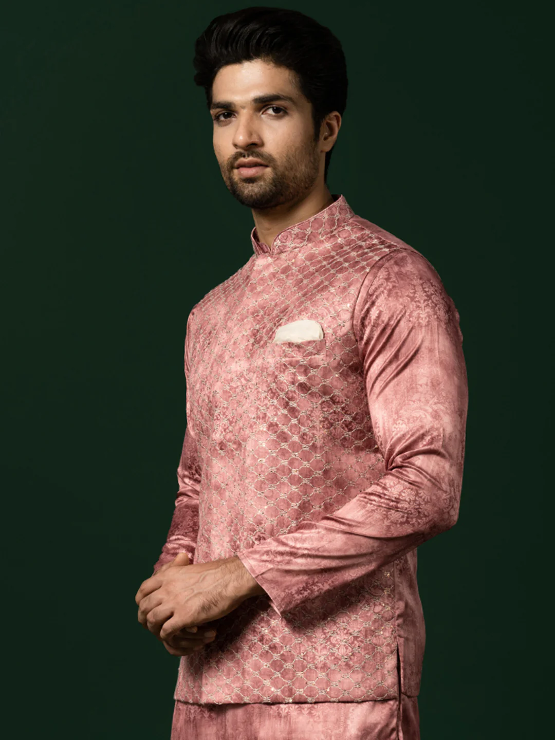 Dusty Rose Silk Blend Jacquard Nehru Jacket - Image 3