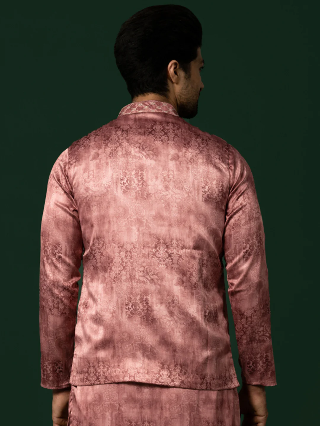 Dusty Rose Silk Blend Jacquard Nehru Jacket - Image 4