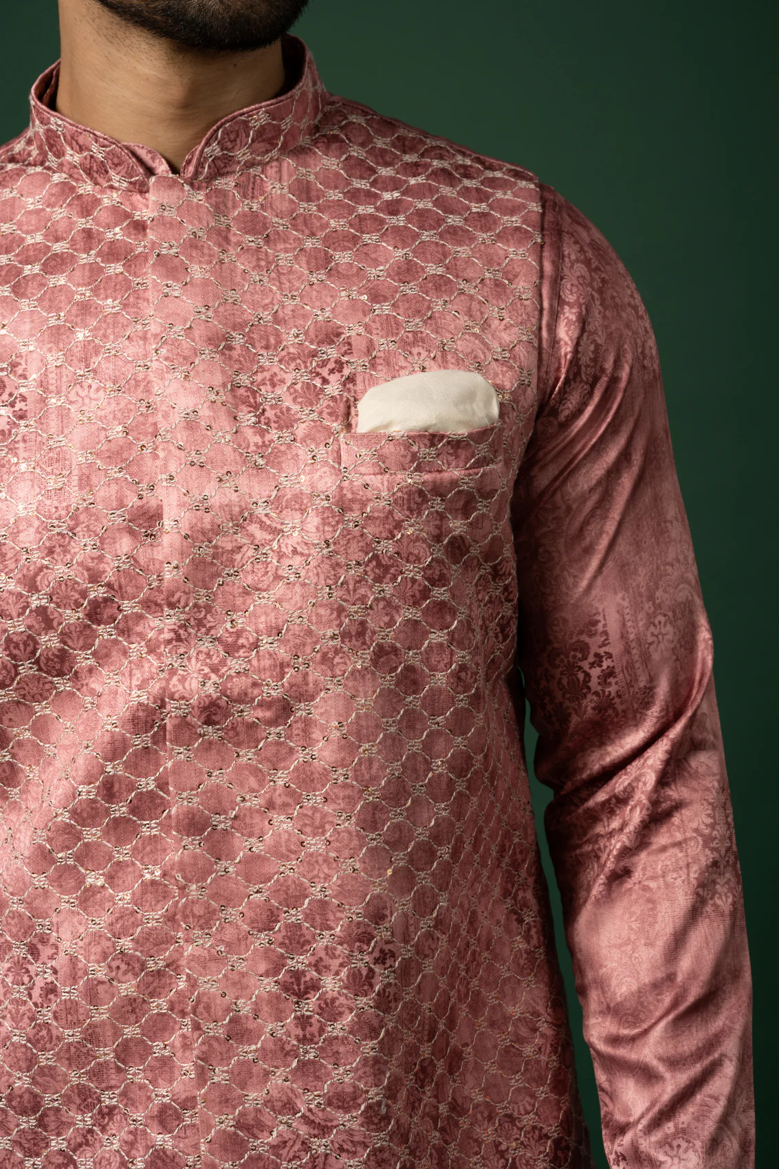 Dusty Rose Silk Blend Jacquard Nehru Jacket - Image 5