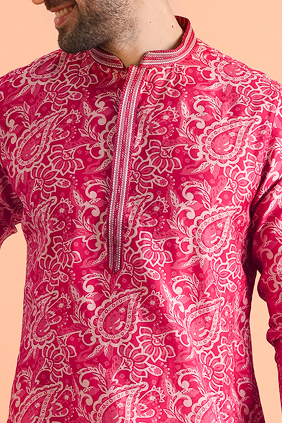 Pink Paisley Printed Silk Blend Kurta - Image 5