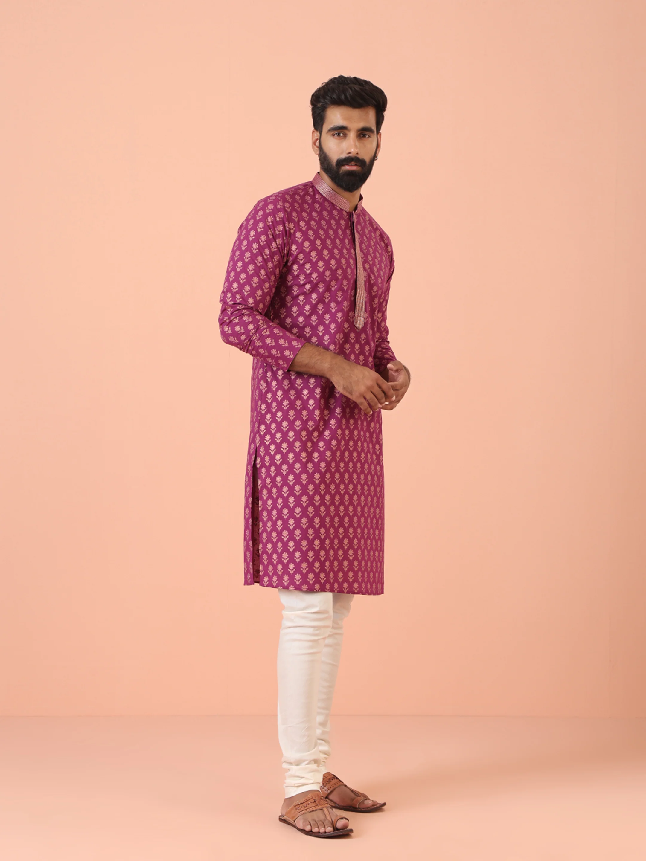 Men Pink Printed Kurta Churidar Set - Image 2
