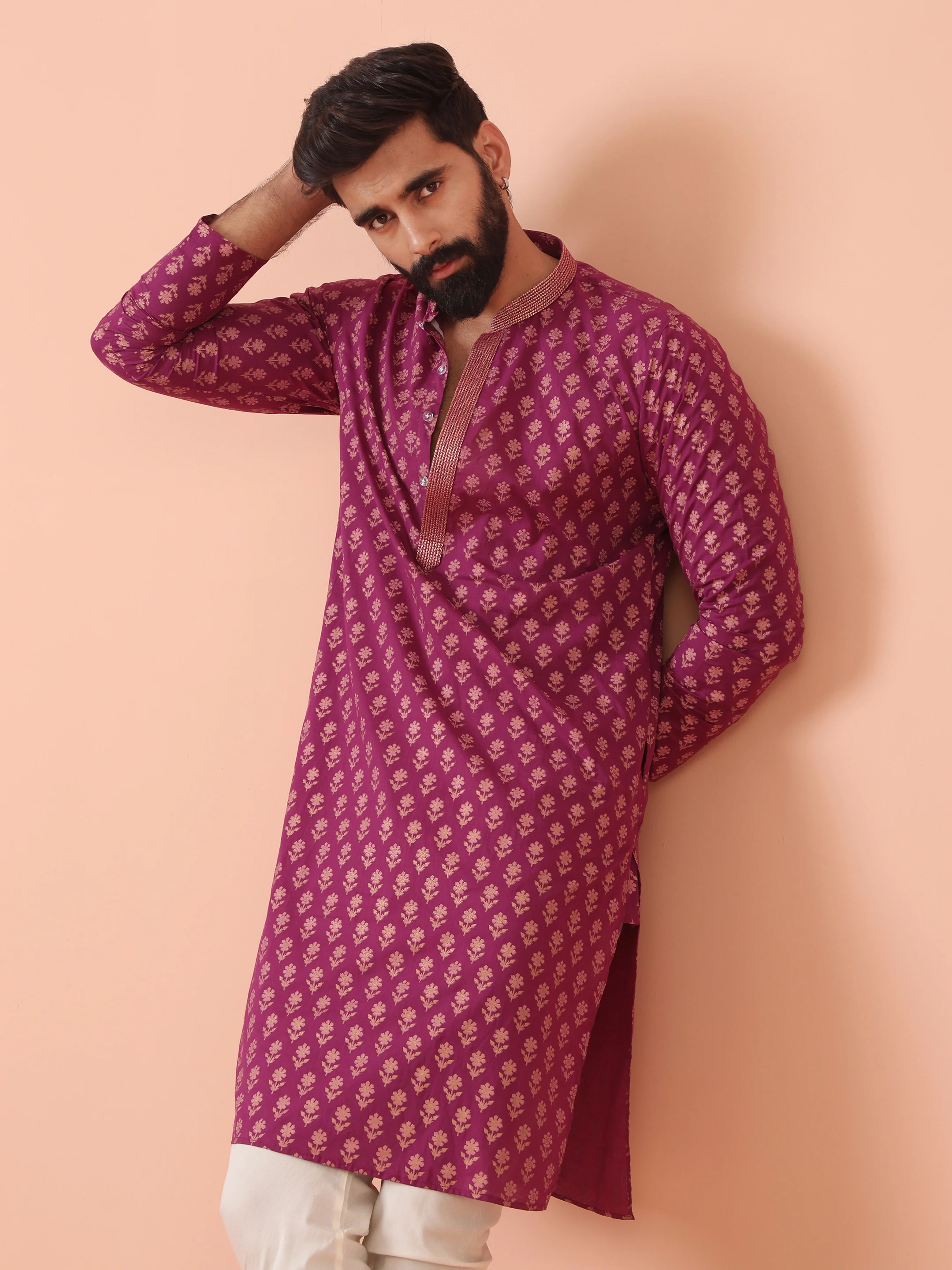 Men Pink Printed Kurta Churidar Set - Image 8
