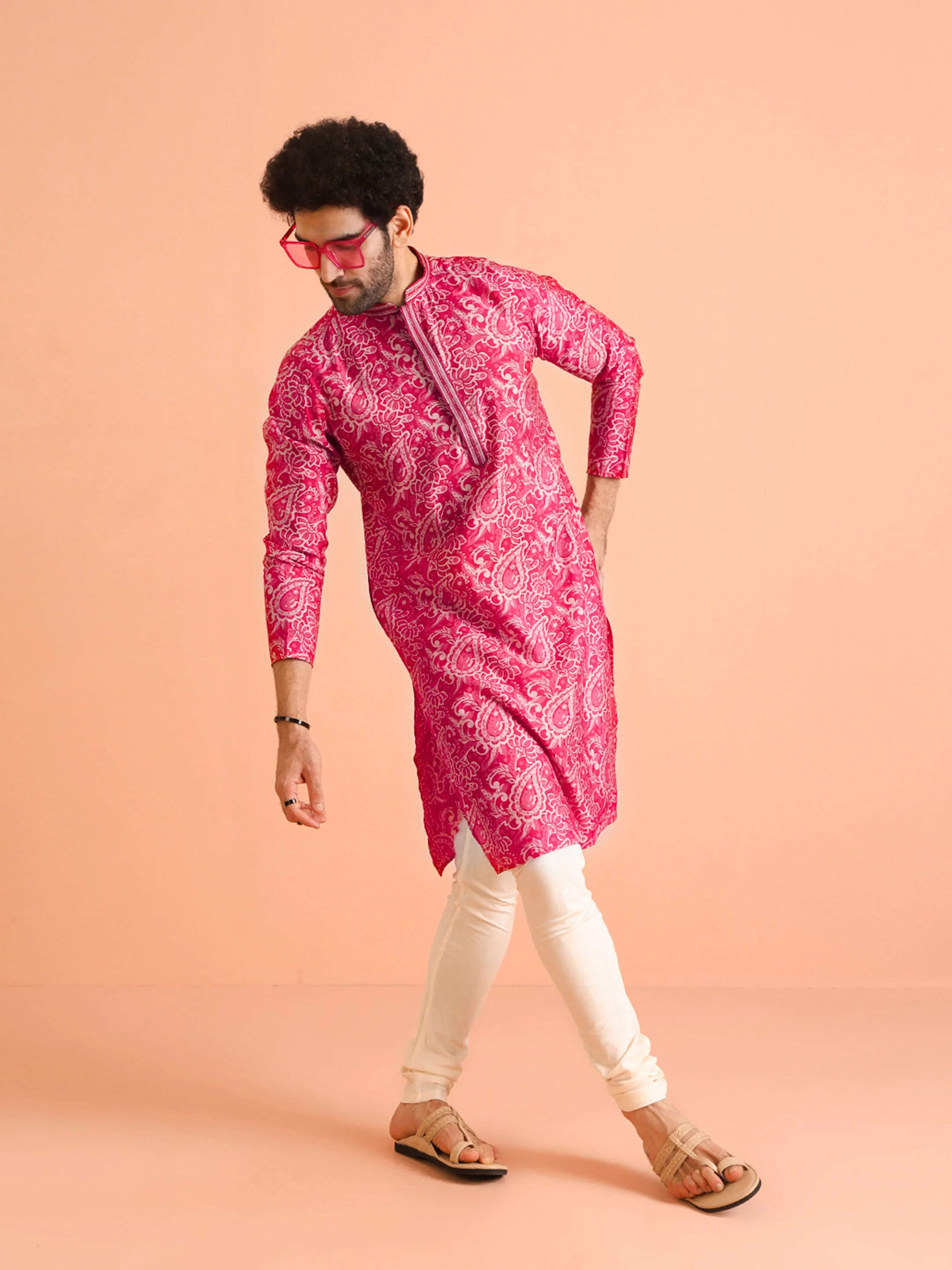 Hot Pink Paisley Kurta Churidar Set - Image 4
