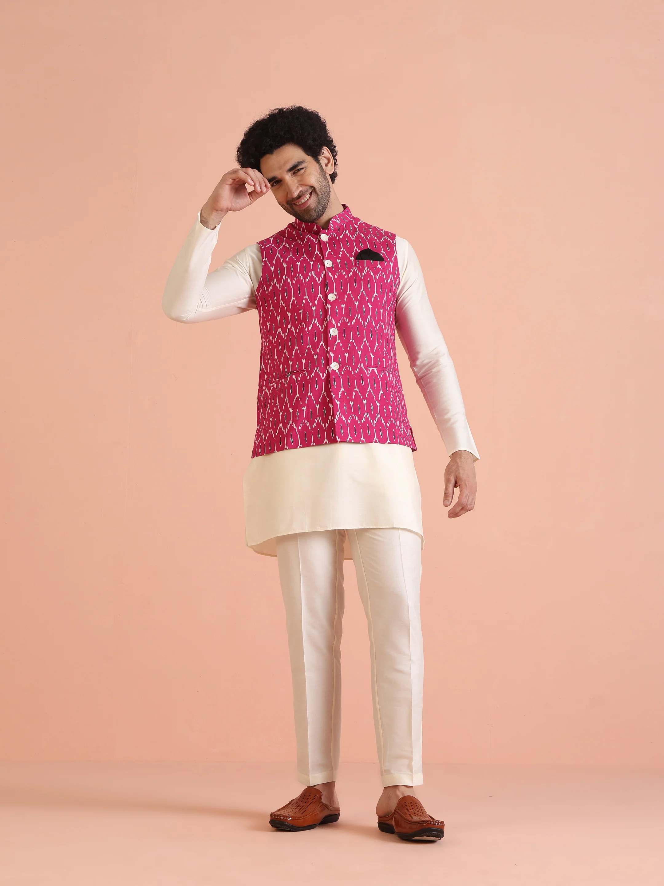 Pink Printed Jacket Kurta Trouser Set - Image 8