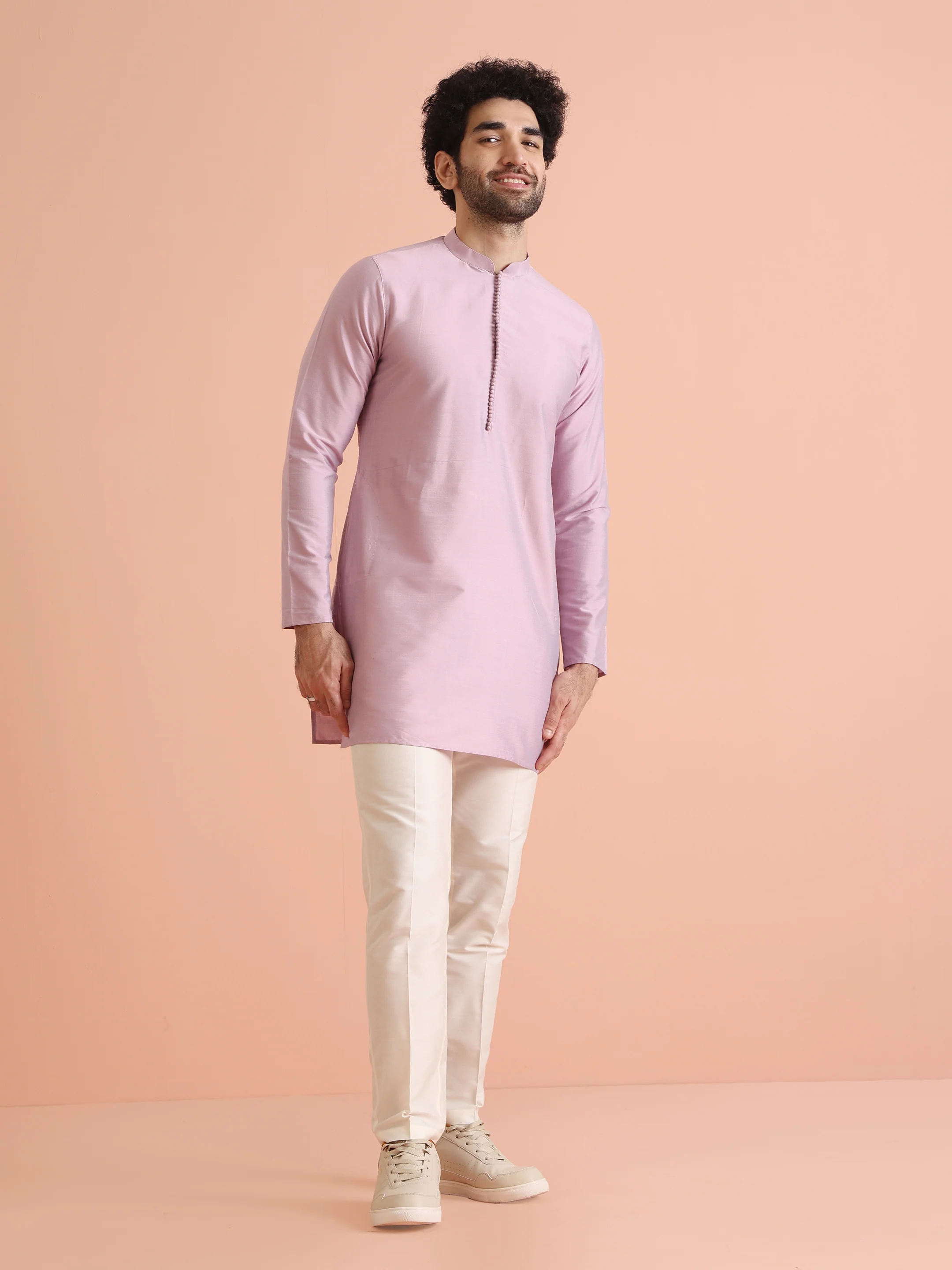 Pastel Pink Silk Blend Solid Mid Kurta - Image 3