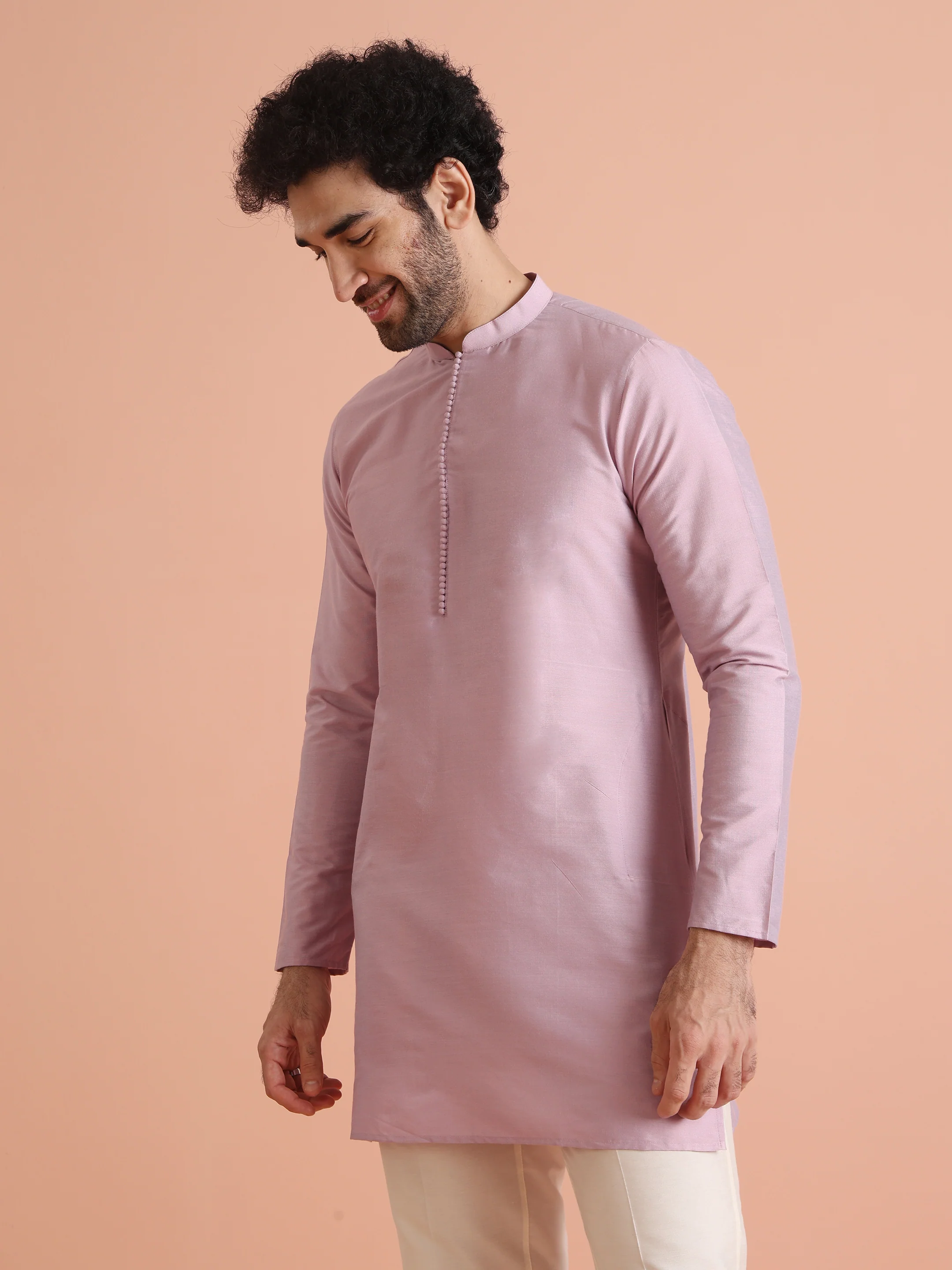 Pastel Pink Silk Blend Solid Mid Kurta - Image 6