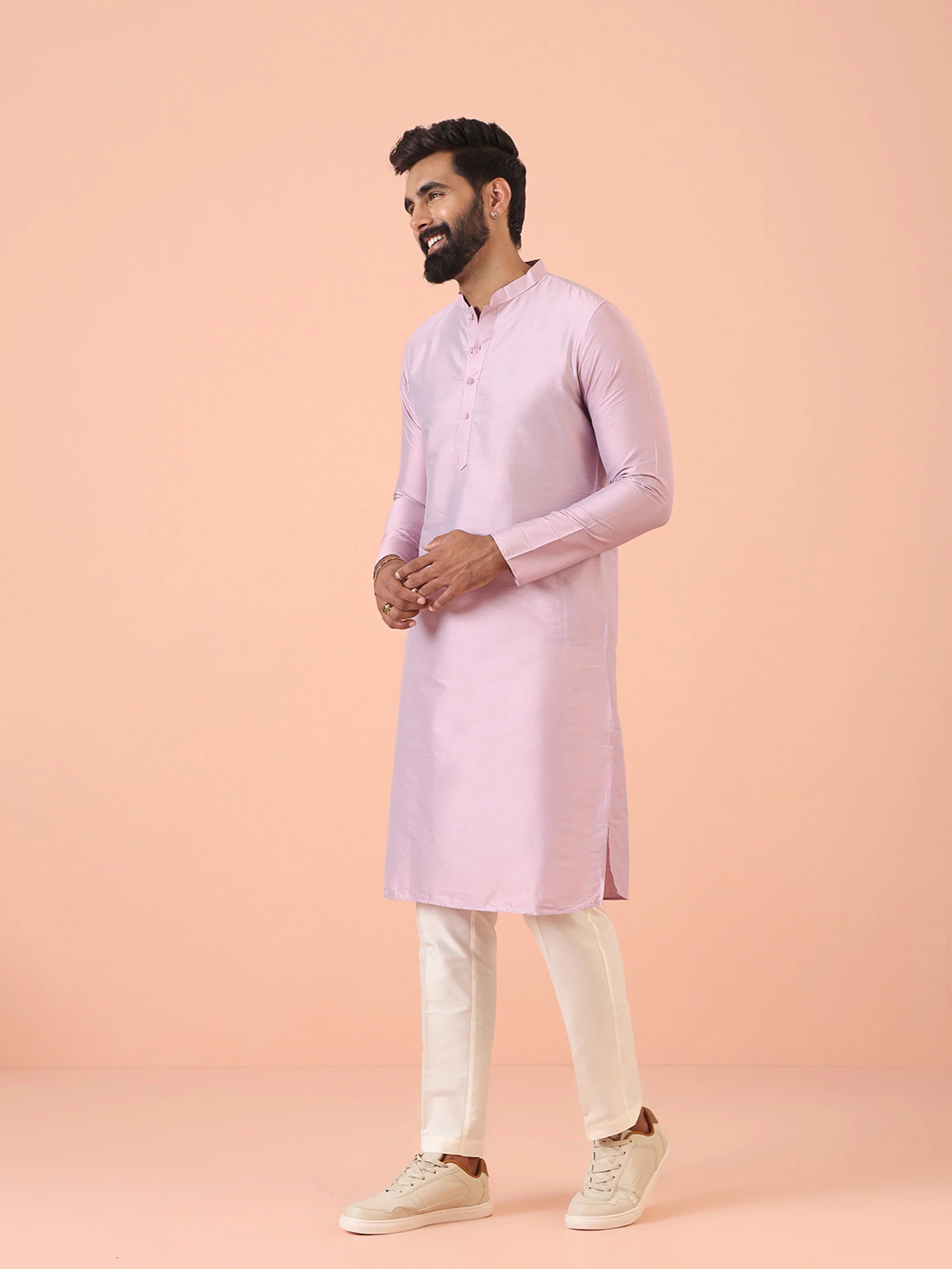 Men Pink Regular Fit Solid Kurta - Image 2