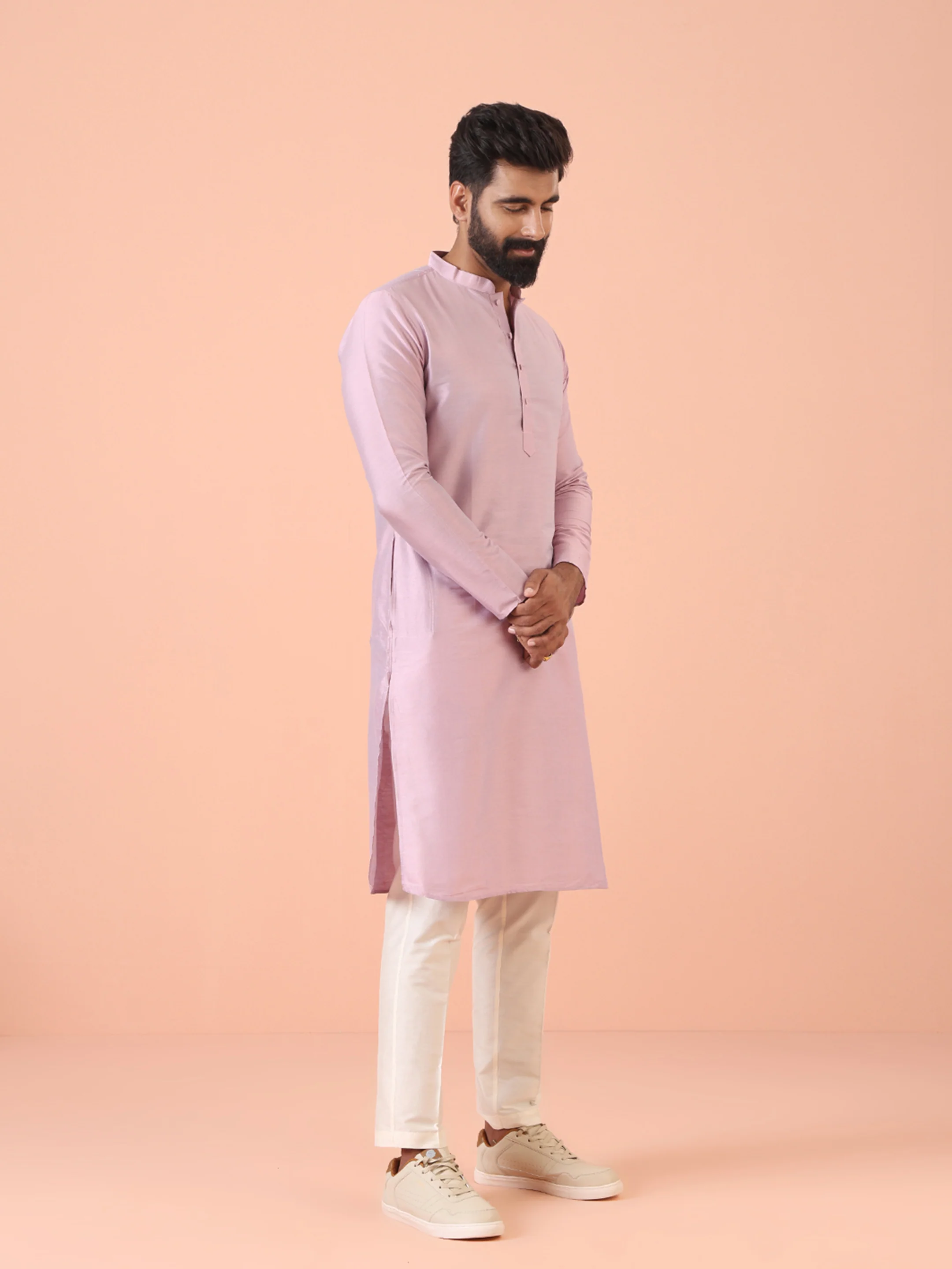 Men Pink Regular Fit Solid Kurta Trouser Set - Image 3