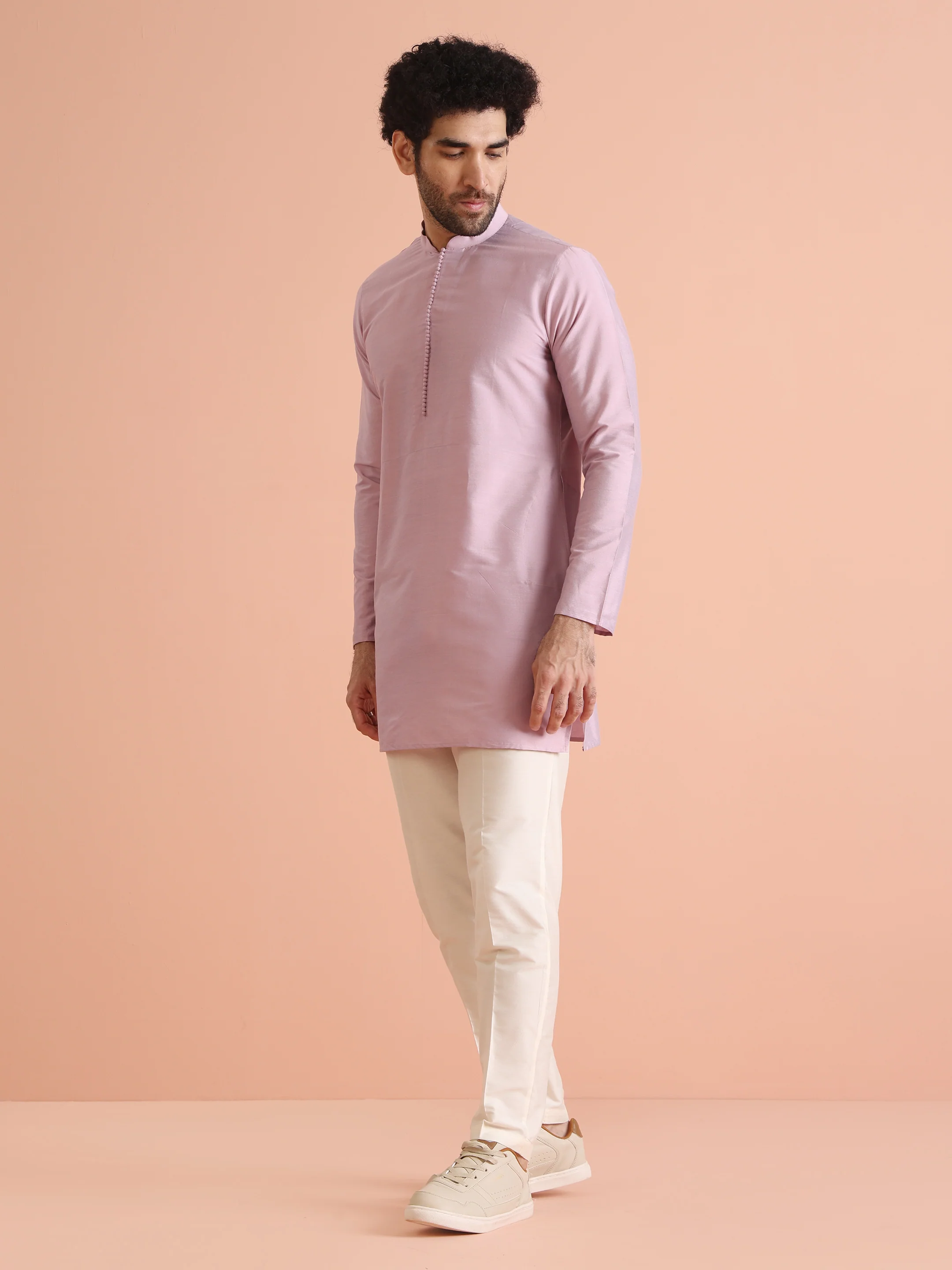 Lavender Silk Blend Solid Mid Kurta Trouser Set - Image 2