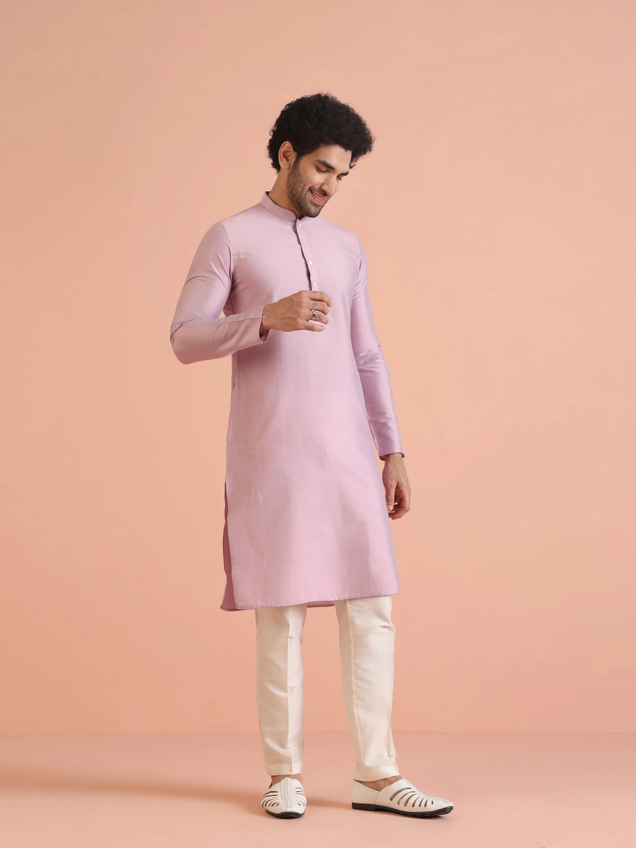 Light Pink Cotton Silk Kurta Trouser Set â€“ Solid Ethnic Outfit â€“ Festive Minimal Wear - Image 2