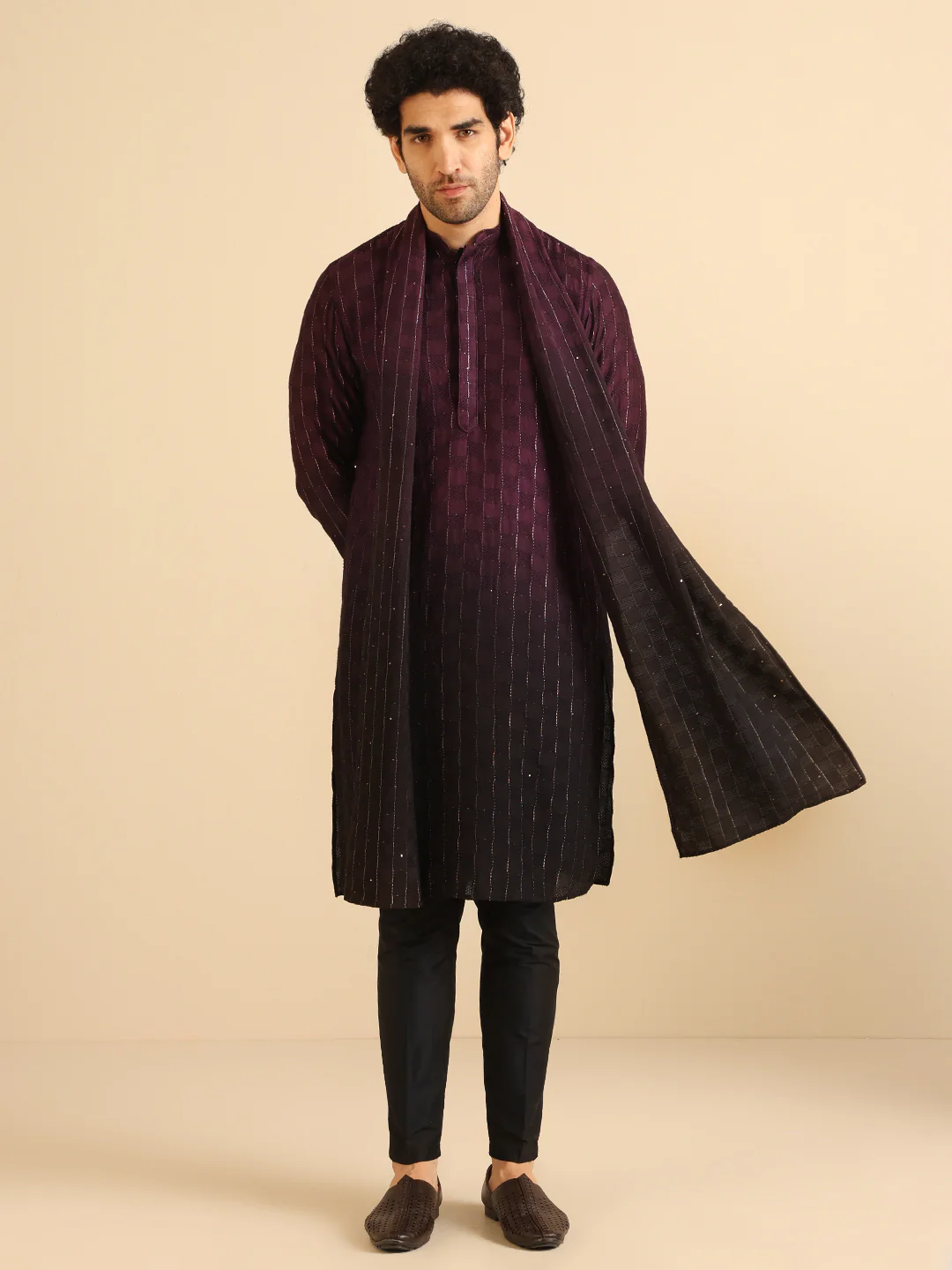 Men Purple Embroidered Kurta Trousers Dupatta Set - Image 2