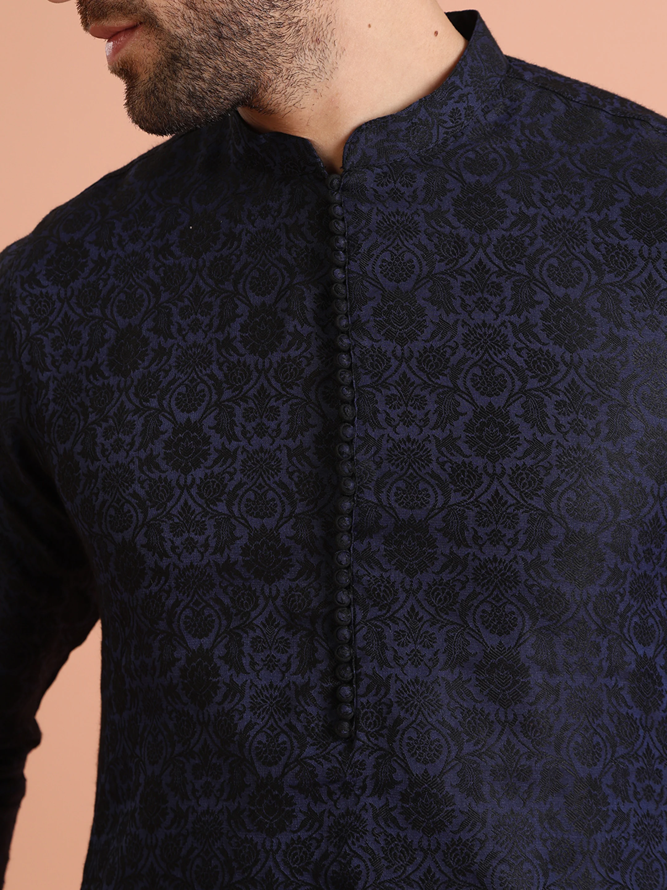 Navy Blue Jacquard Textured Kurta - Image 5
