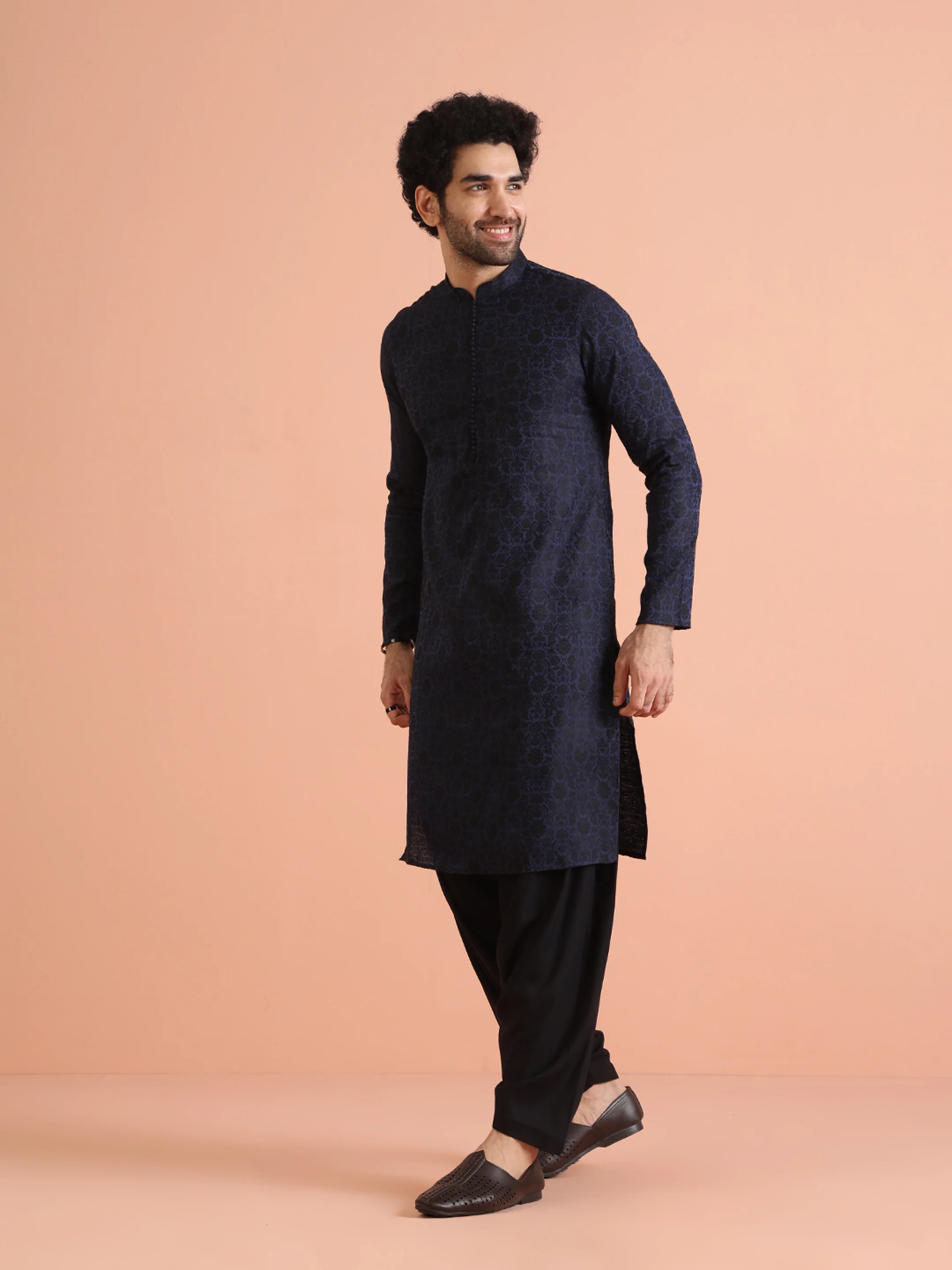 Navy Blue Jacquard Kurta Patiala Set - Image 3