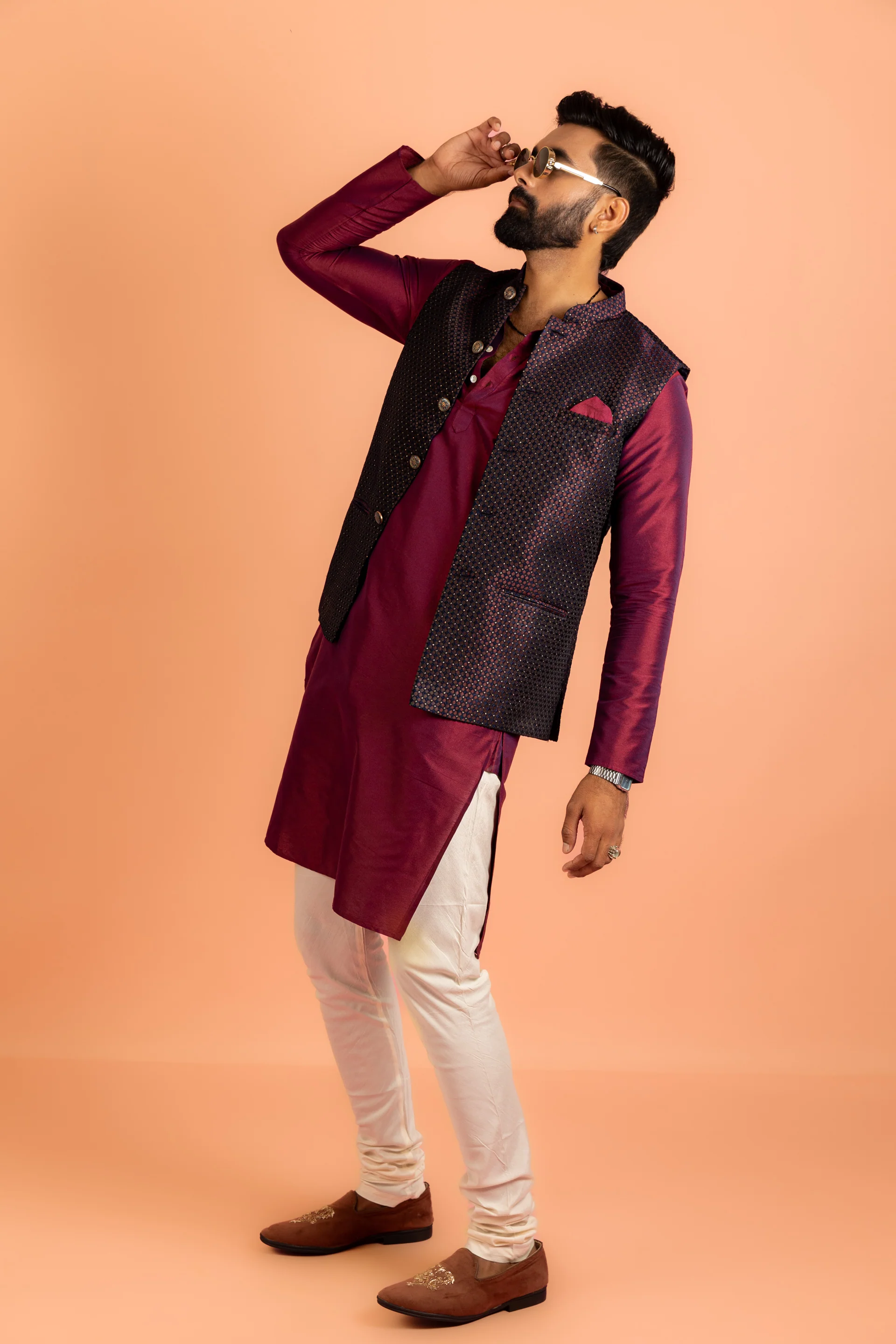 Wine Jacquard Nehru Jacket Kurta Churidar Set - Image 2