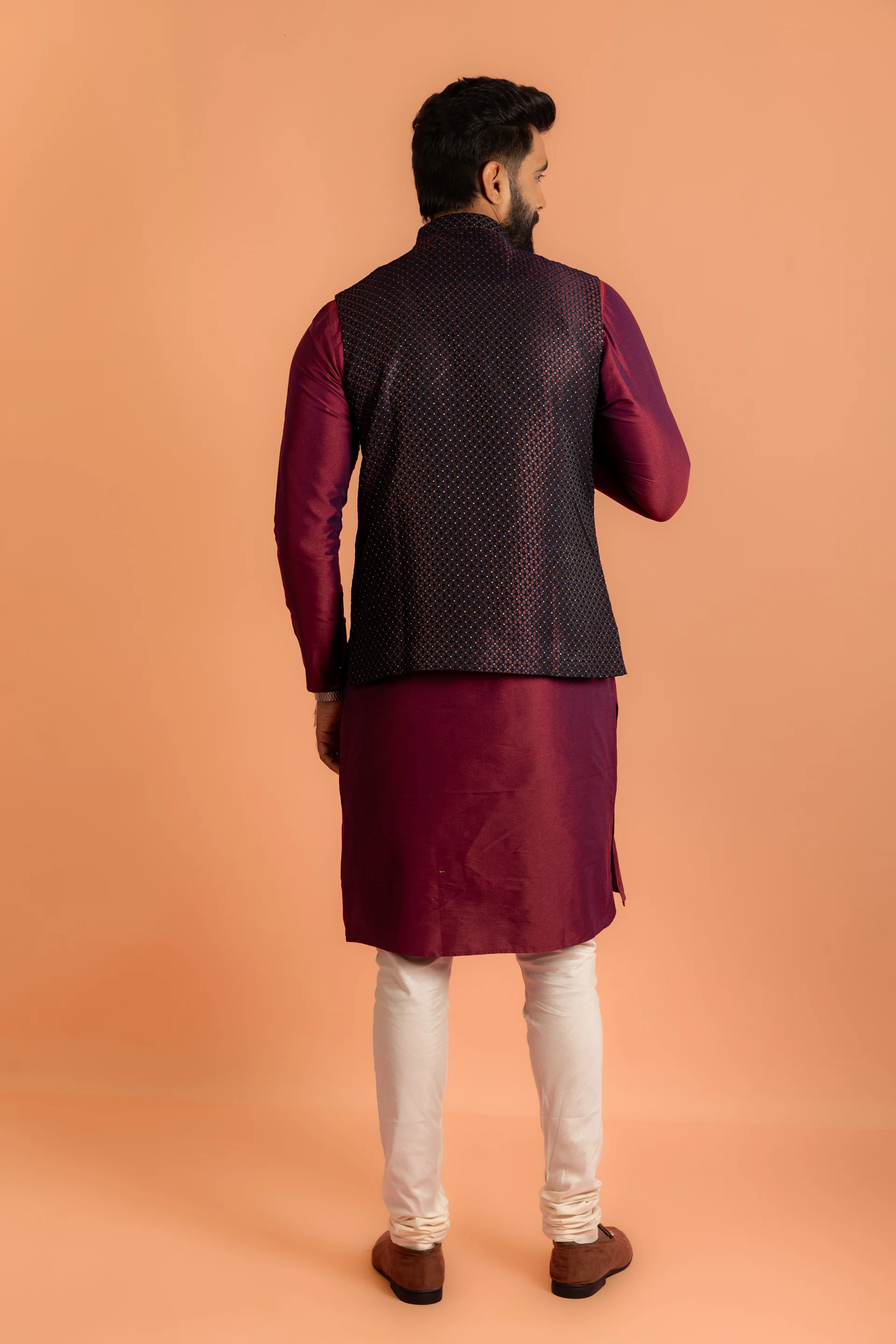 Wine Jacquard Nehru Jacket Kurta Churidar Set - Image 4