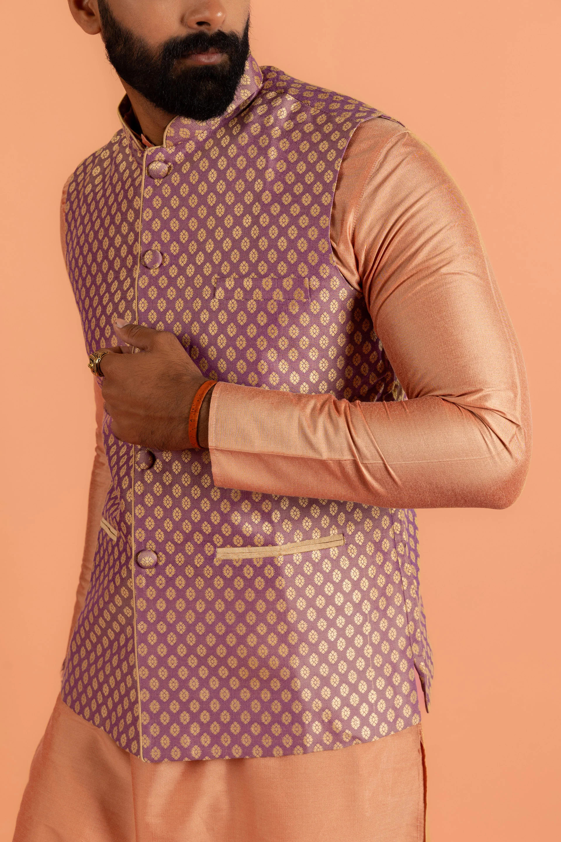 Men Purple Jacquard Kurta Jacket Churidar Set with Woven Design - Image 2