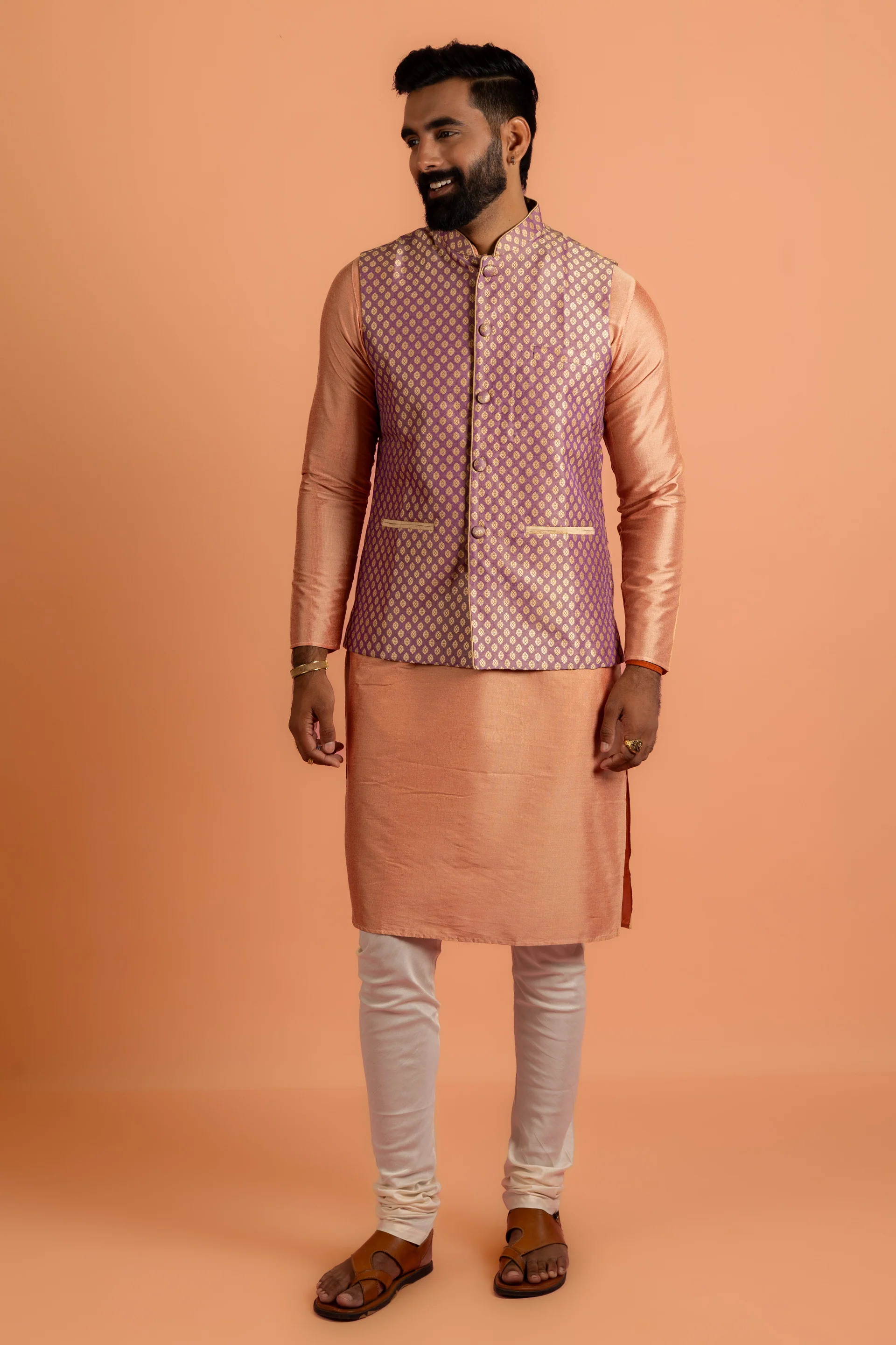 Men Purple Jacquard Kurta Jacket Churidar Set with Woven Design - Image 8