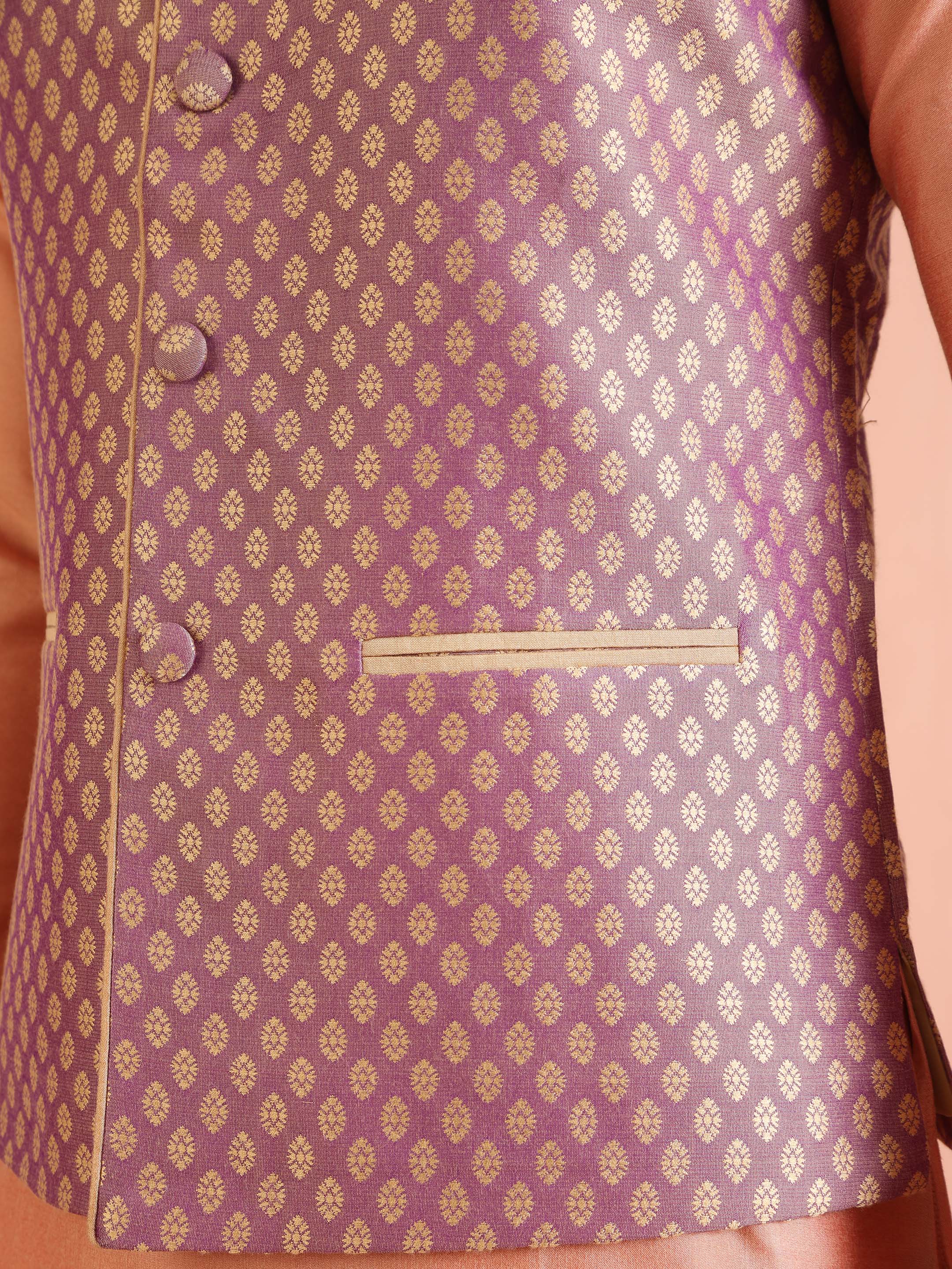 Men Purple Jacquard Kurta Jacket Trouser Set with Ethnic Motifs - Image 2