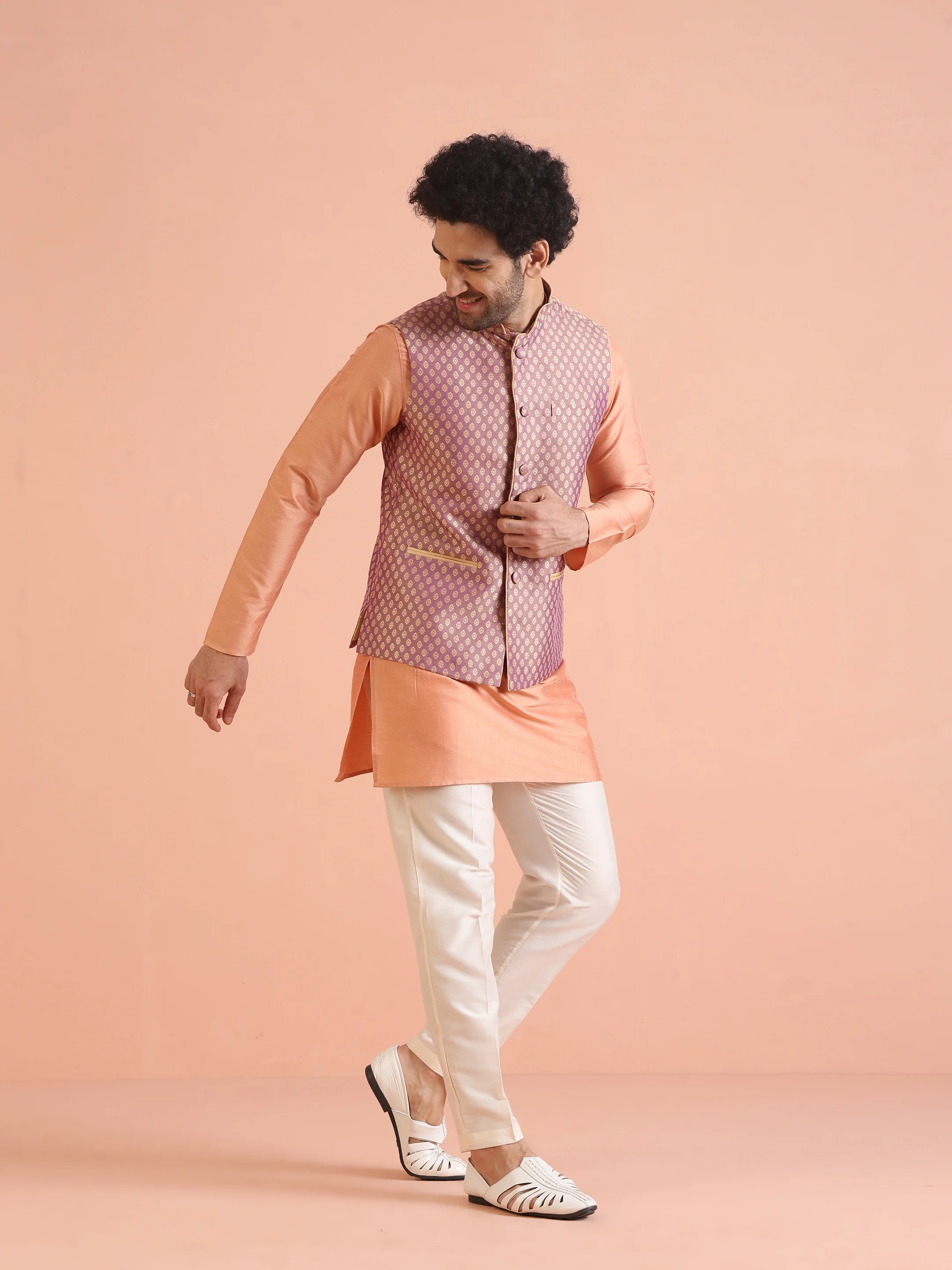 Men Purple Jacquard Kurta Jacket Trouser Set with Ethnic Motifs - Image 4