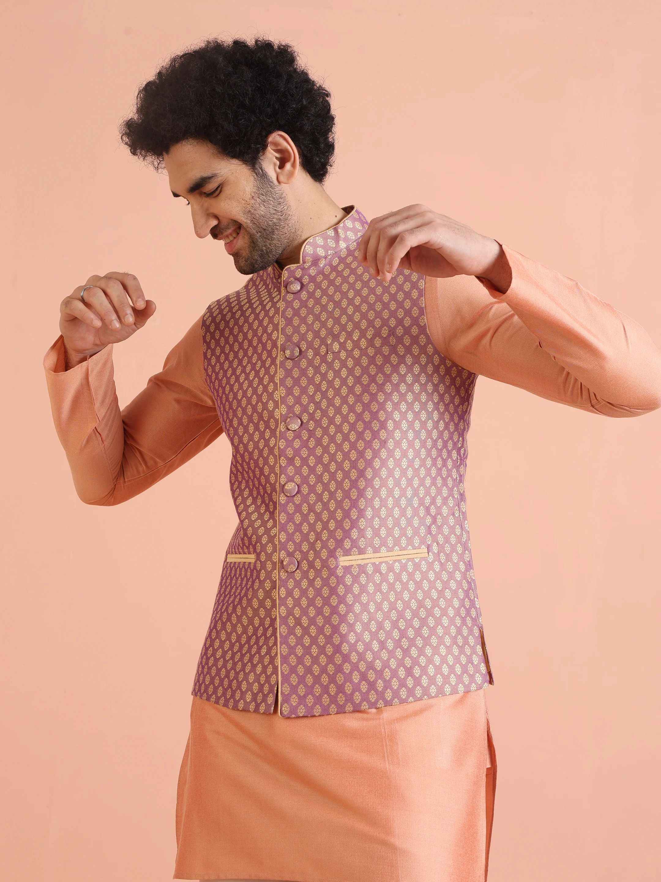 Men Purple Jacquard Kurta Jacket Trouser Set with Ethnic Motifs - Image 8