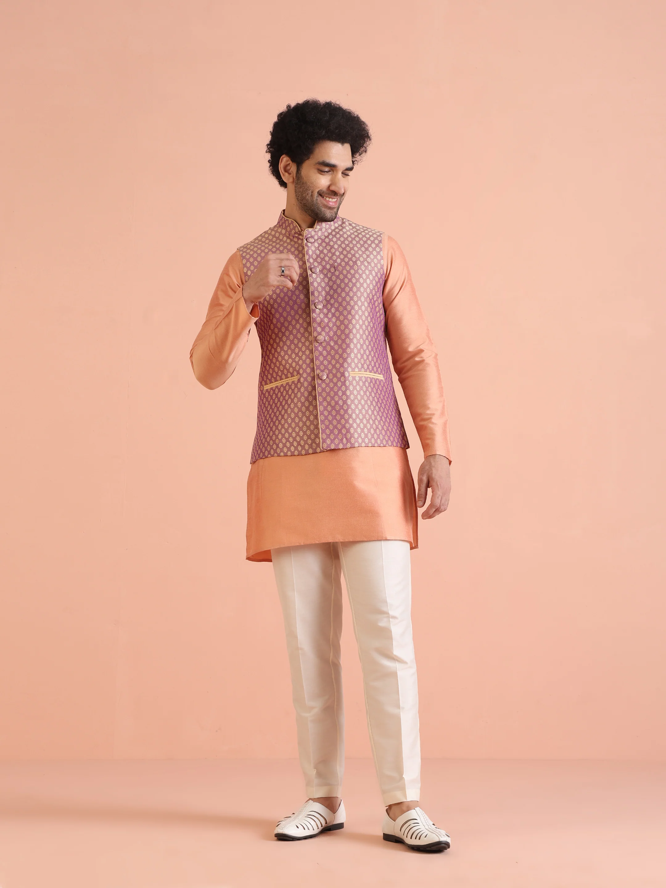 Men Purple Jacquard Kurta Jacket Trouser Set with Ethnic Motifs - Image 9