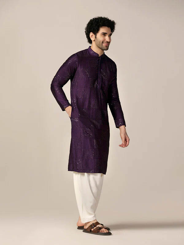 Purple Silk Blend Mirror Work Kurta Patiala - Image 3