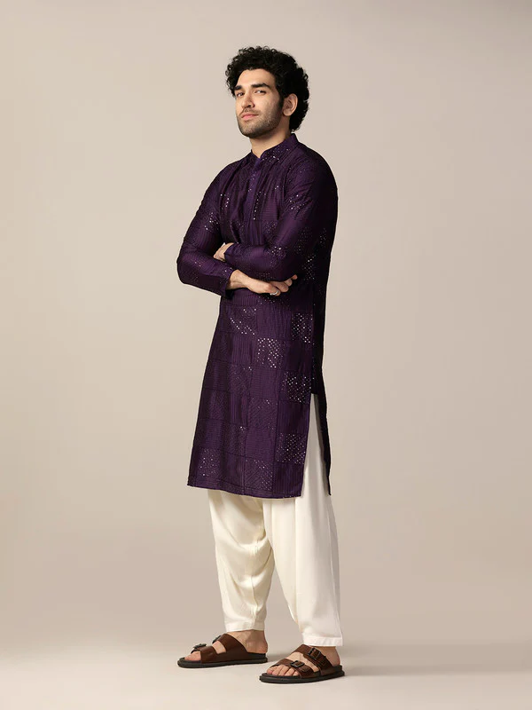 Purple Silk Blend Mirror Work Kurta Patiala - Image 4
