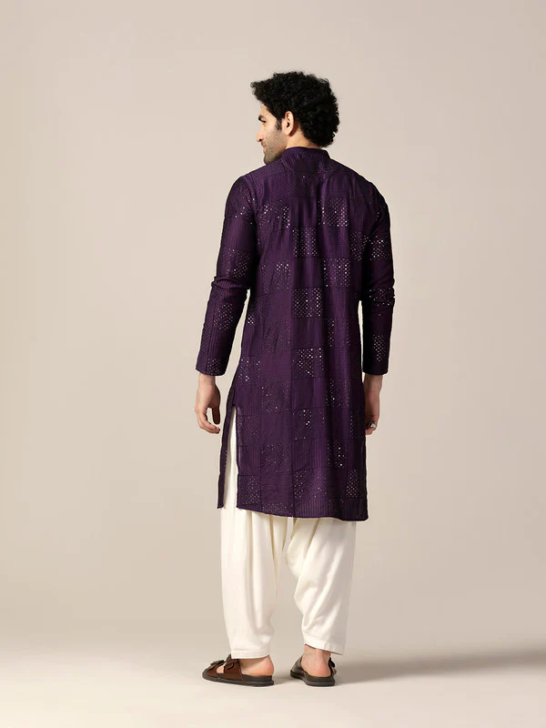 Purple Silk Blend Mirror Work Kurta Patiala - Image 5