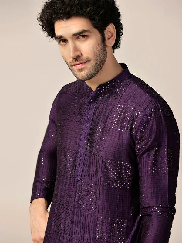 Purple Silk Blend Mirror Work Kurta Patiala - Image 6
