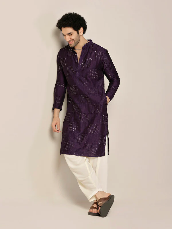 Purple Silk Blend Mirror Work Kurta Patiala - Image 8