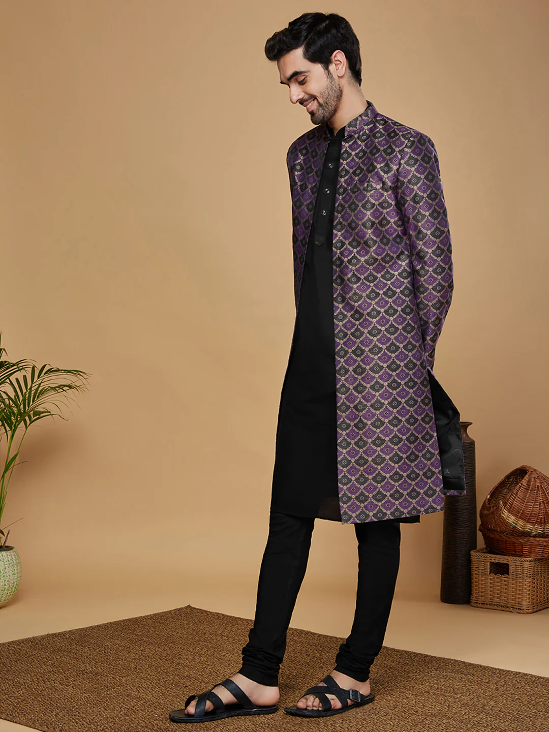 Men Purple Kurta Sherwani Churidar Set - Image 2