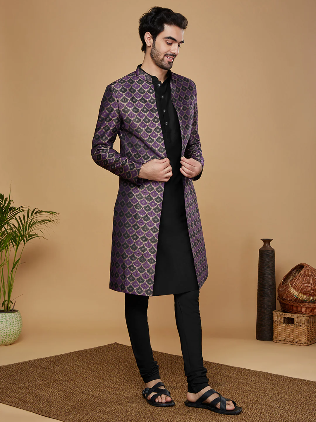 Men Purple Kurta Sherwani Churidar Set - Image 3
