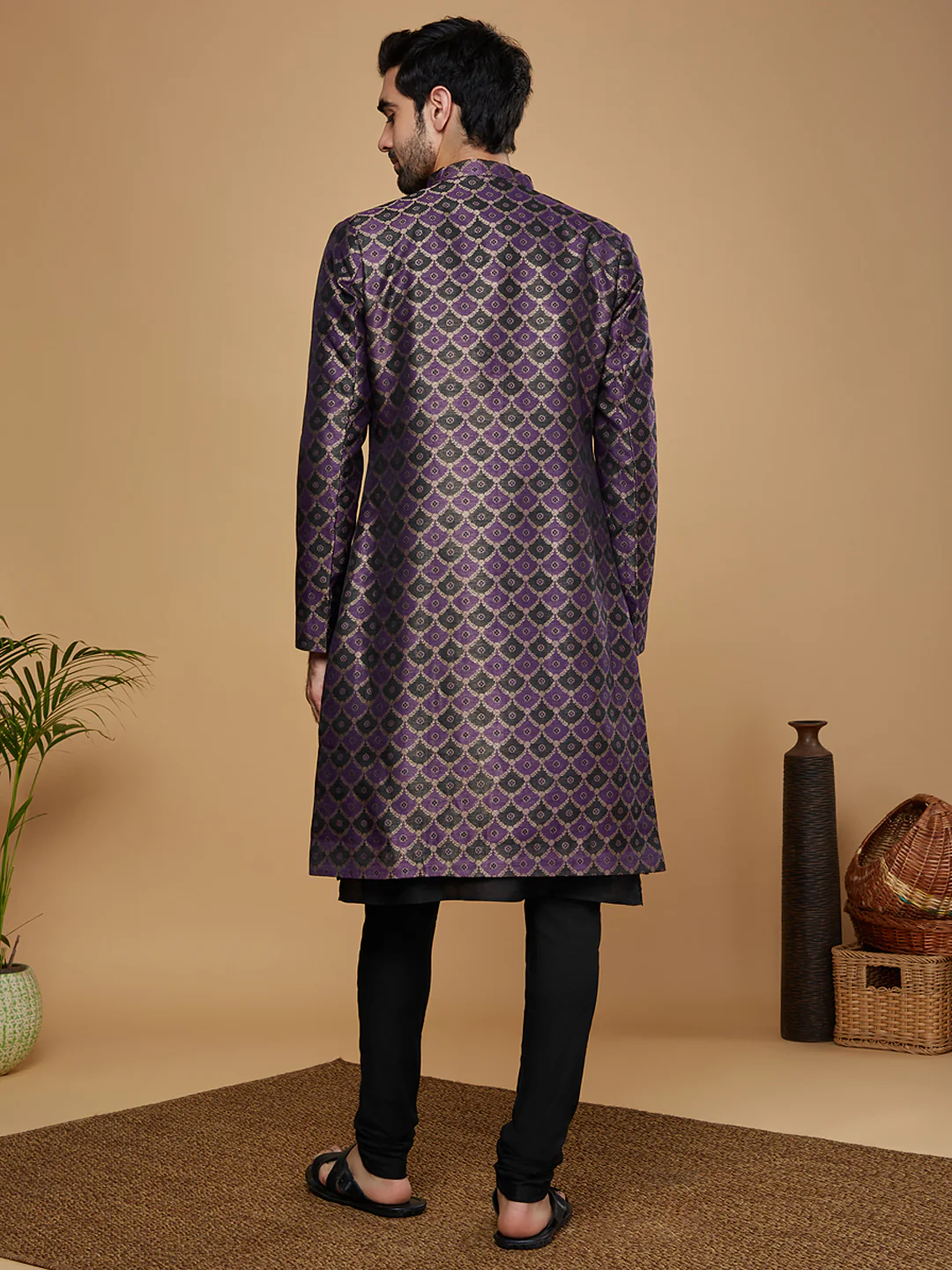 Men Purple Kurta Sherwani Churidar Set - Image 4