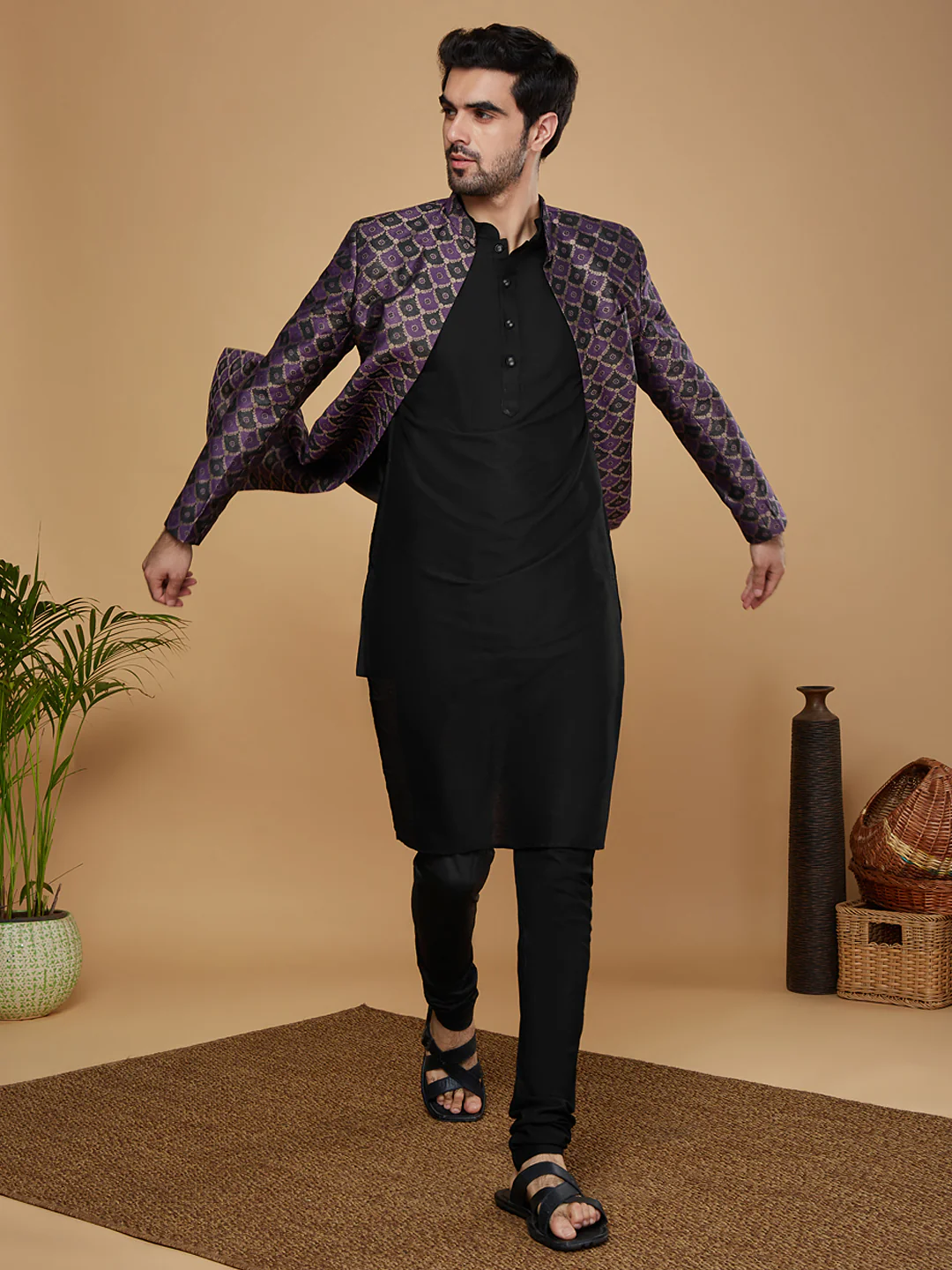 Men Purple Kurta Sherwani Churidar Set - Image 8