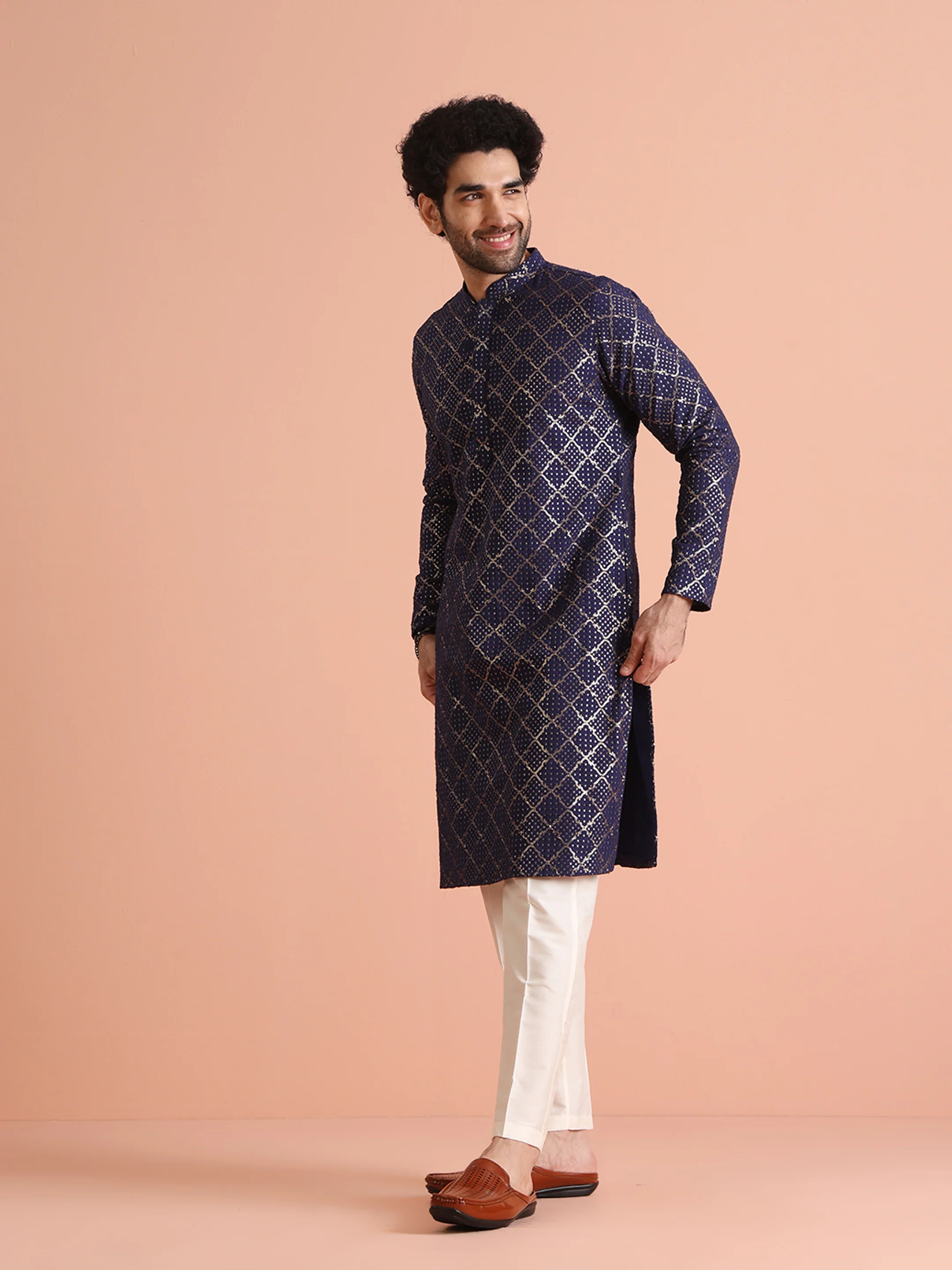 Navy Blue Sequin Embroidered Kurta - Image 2