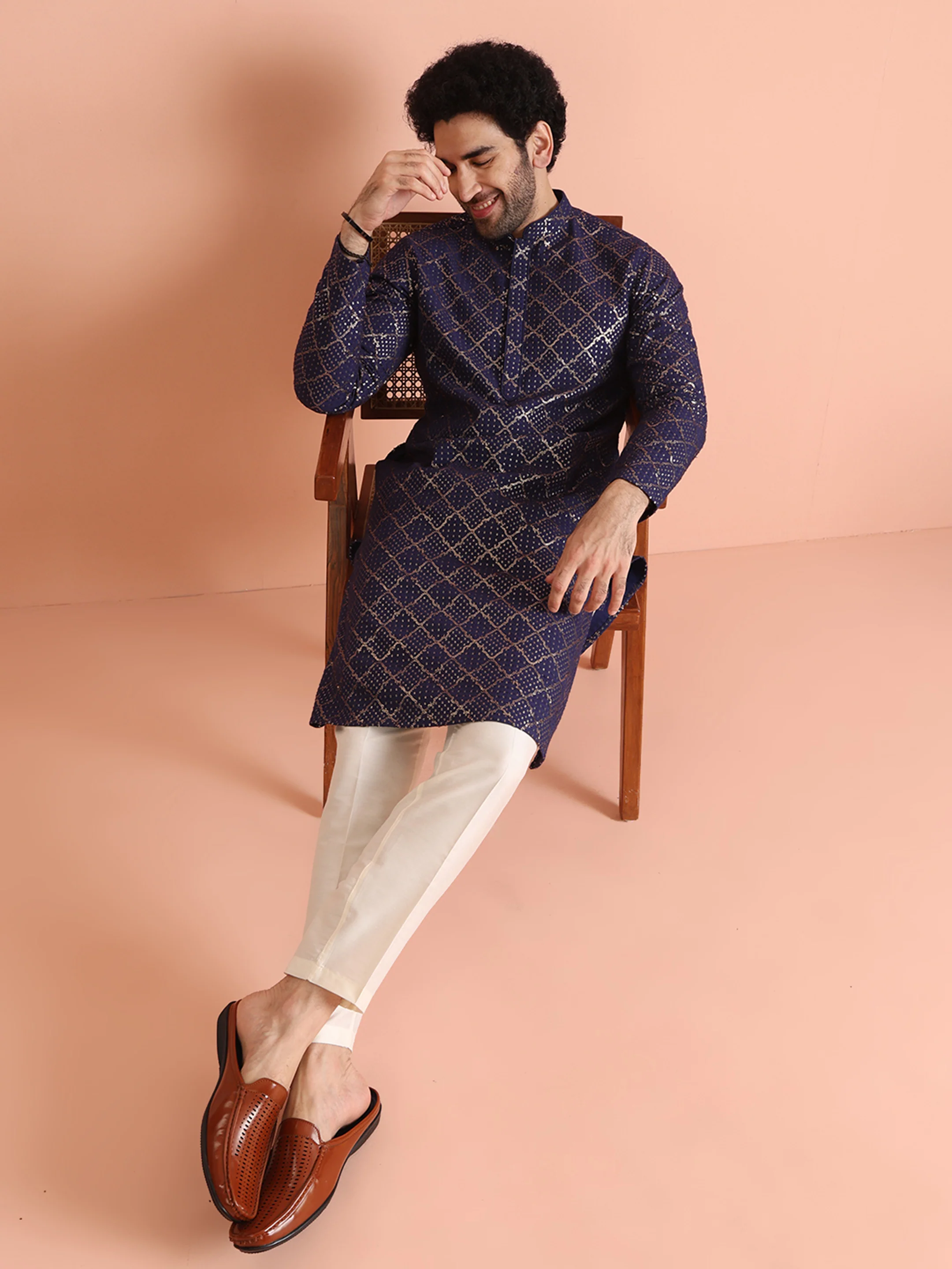 Navy Blue Sequin Embroidered Kurta - Image 6