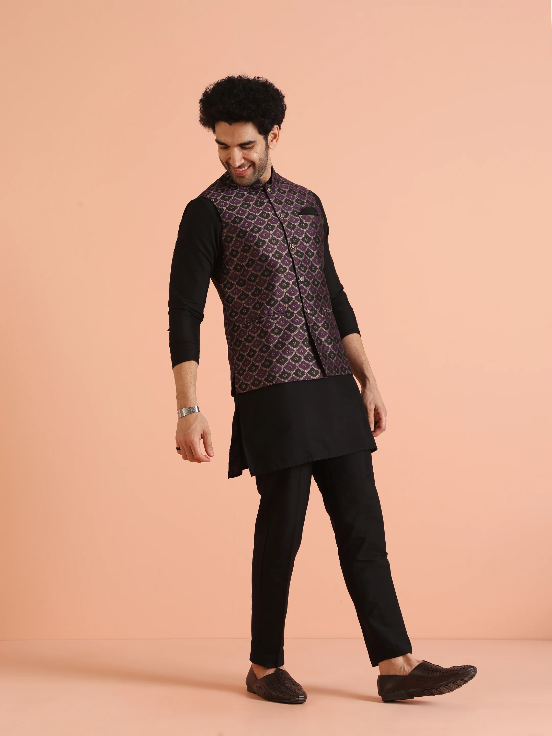 Purple Black Woven Nehru Jacket Kurta Trouser - Image 3