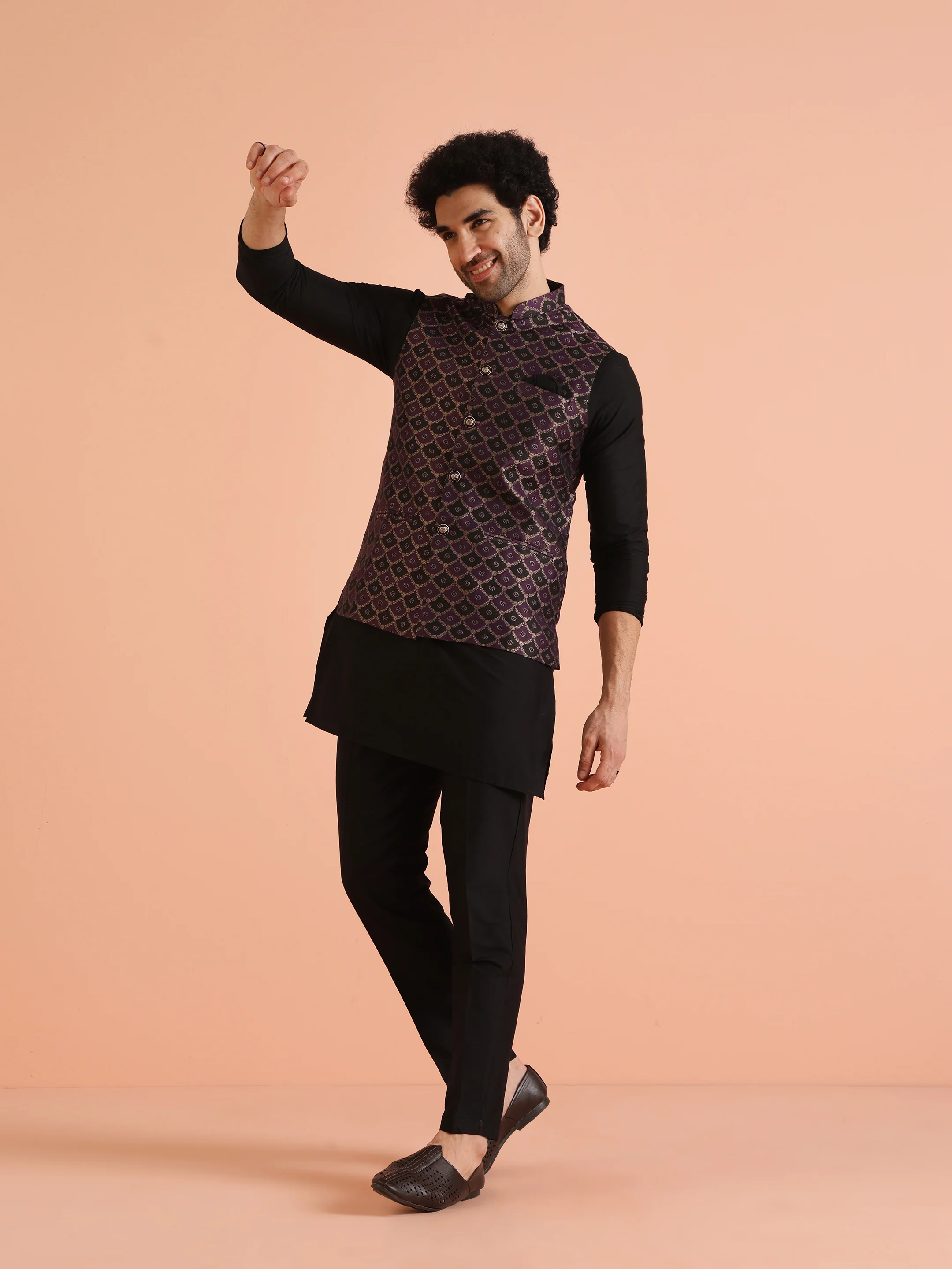 Purple Black Woven Nehru Jacket Kurta Trouser - Image 4