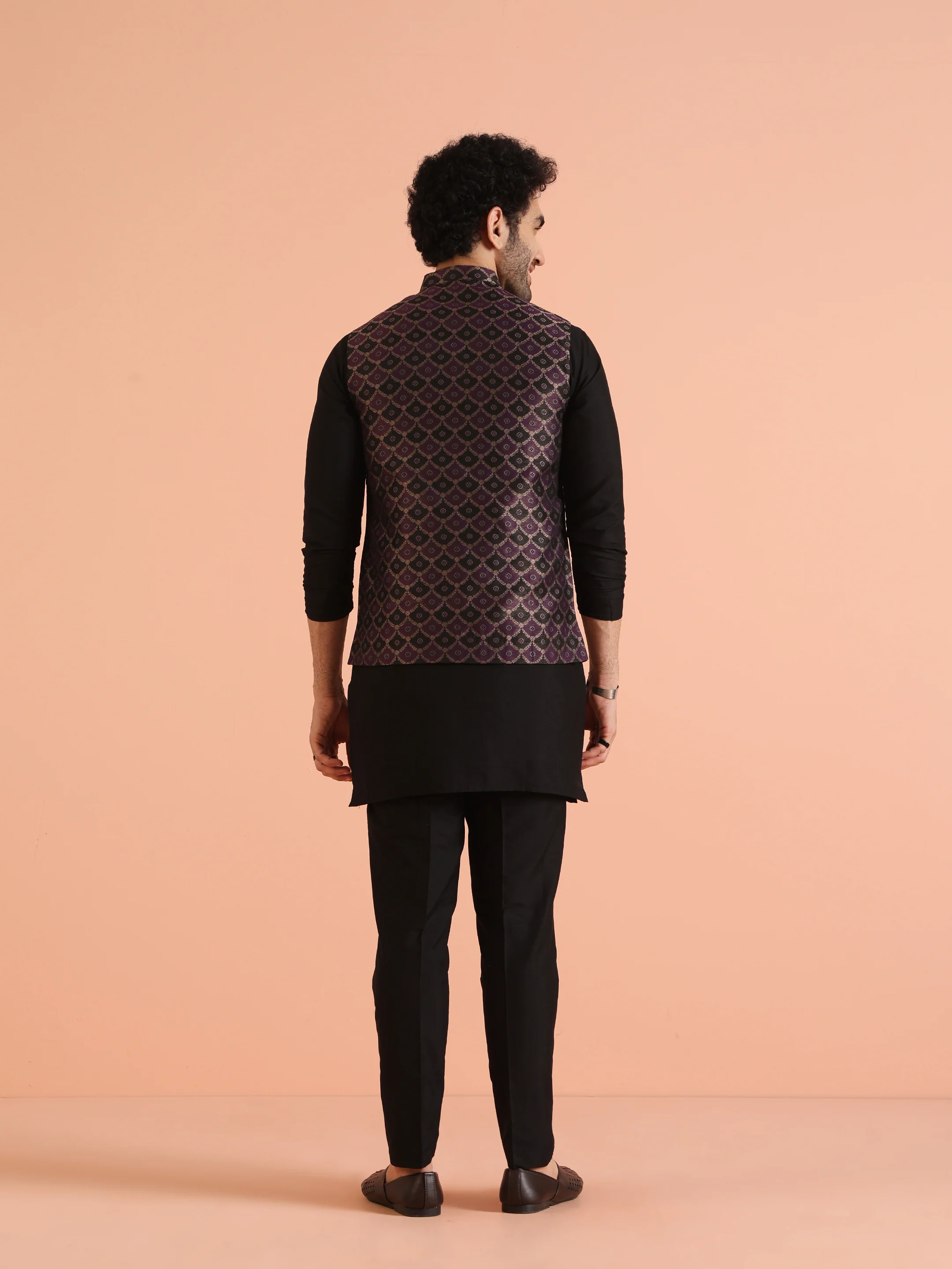 Purple Black Woven Nehru Jacket Kurta Trouser - Image 5