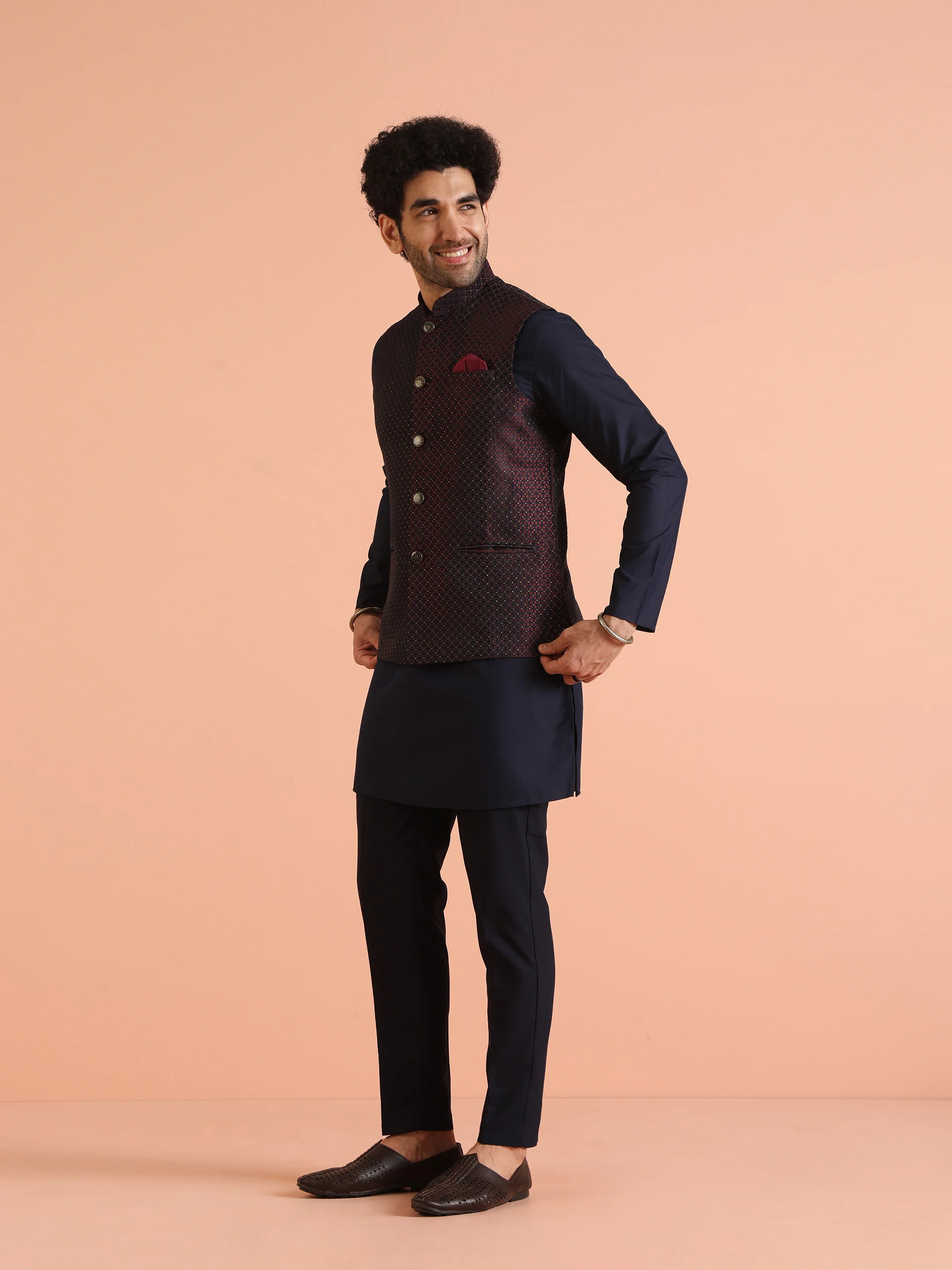 Wine Silk Blend Woven Nehru Jacket Kurta Trouser Set - Image 3