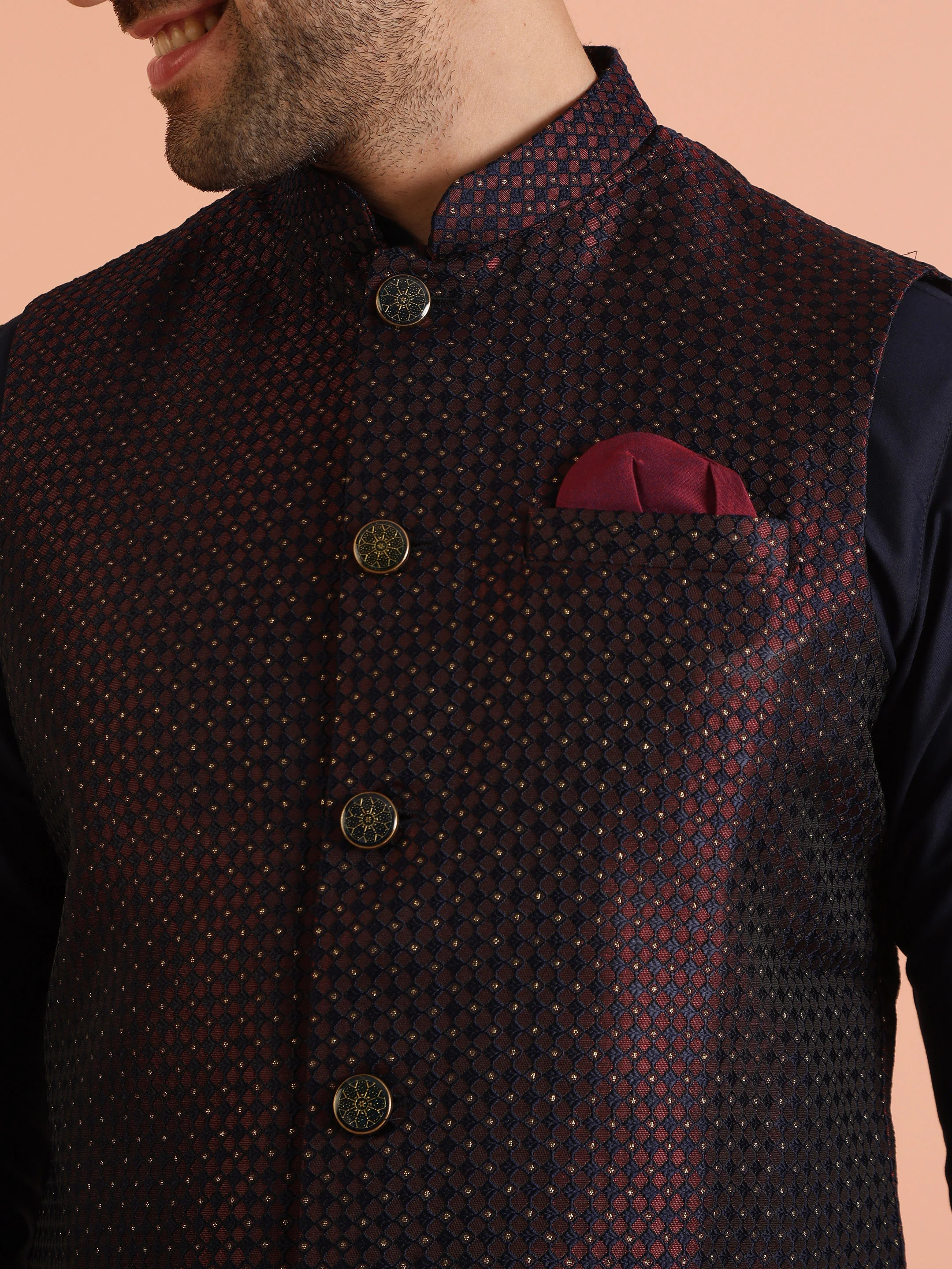 Wine Silk Blend Woven Nehru Jacket Kurta Trouser Set - Image 5