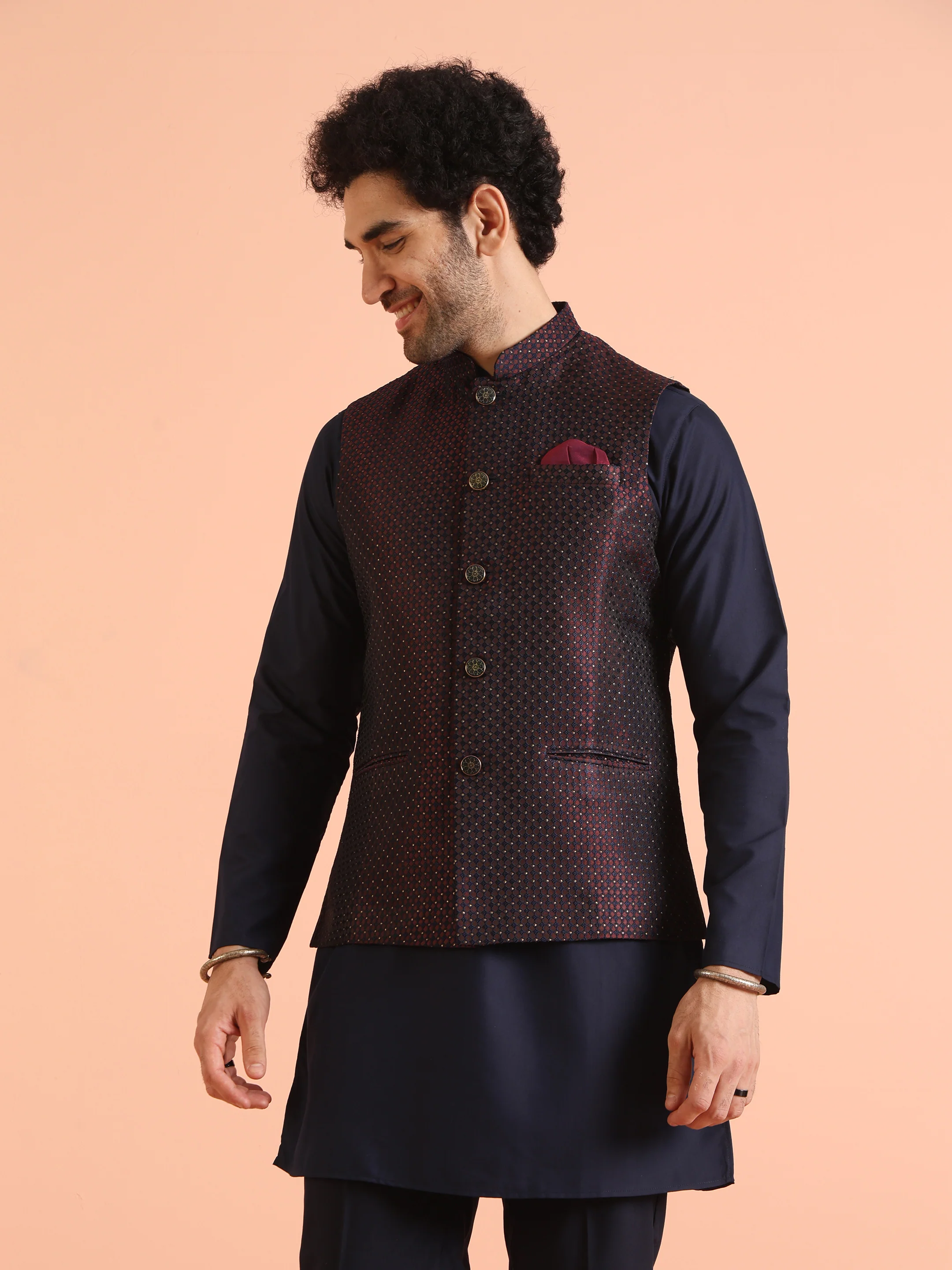 Wine Silk Blend Woven Nehru Jacket Kurta Trouser Set - Image 7