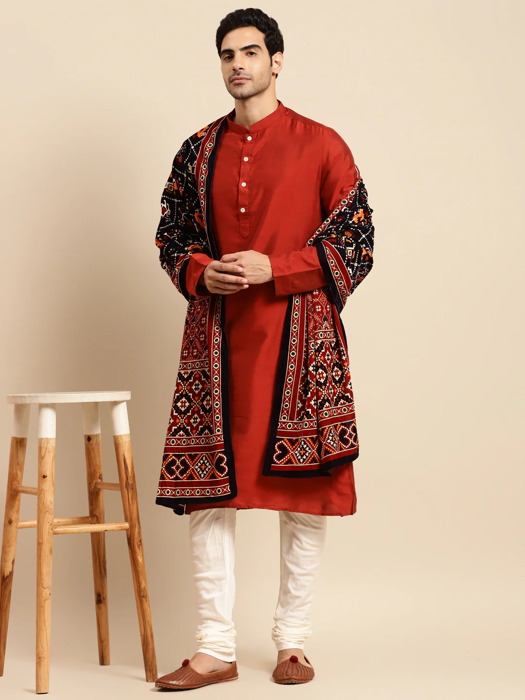 Men Red Kurta Churidar Set With Dupatta - Image 7