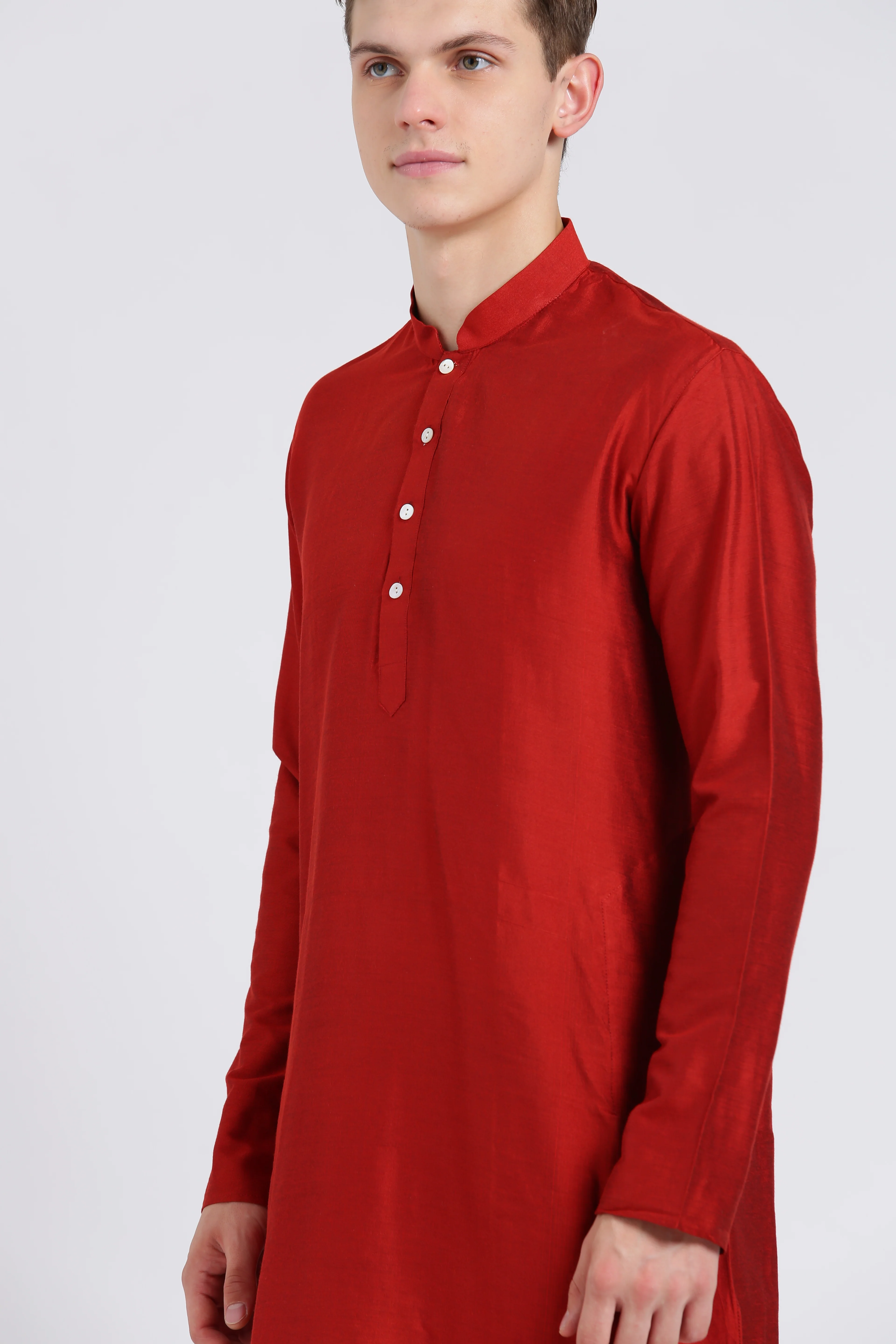 Men Red Solid Dyed Kurta - Image 5