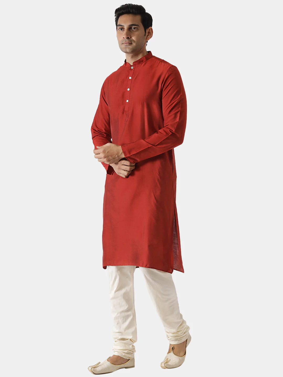 Men Red Solid Dyed Kurta - Image 3